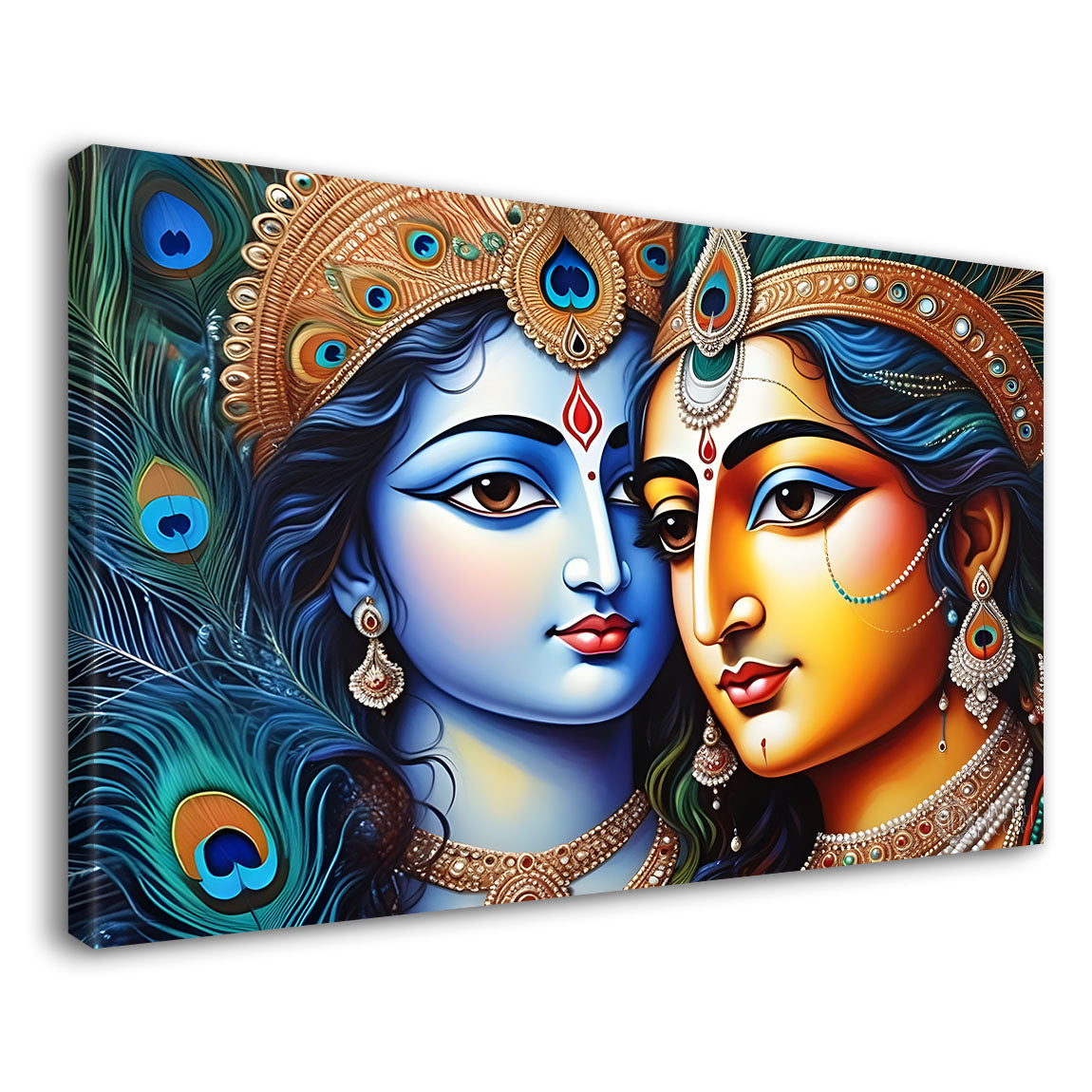Blue face of Krishna and Radha with peacock feather background painting Canvas Painting - Design - Krishna-152