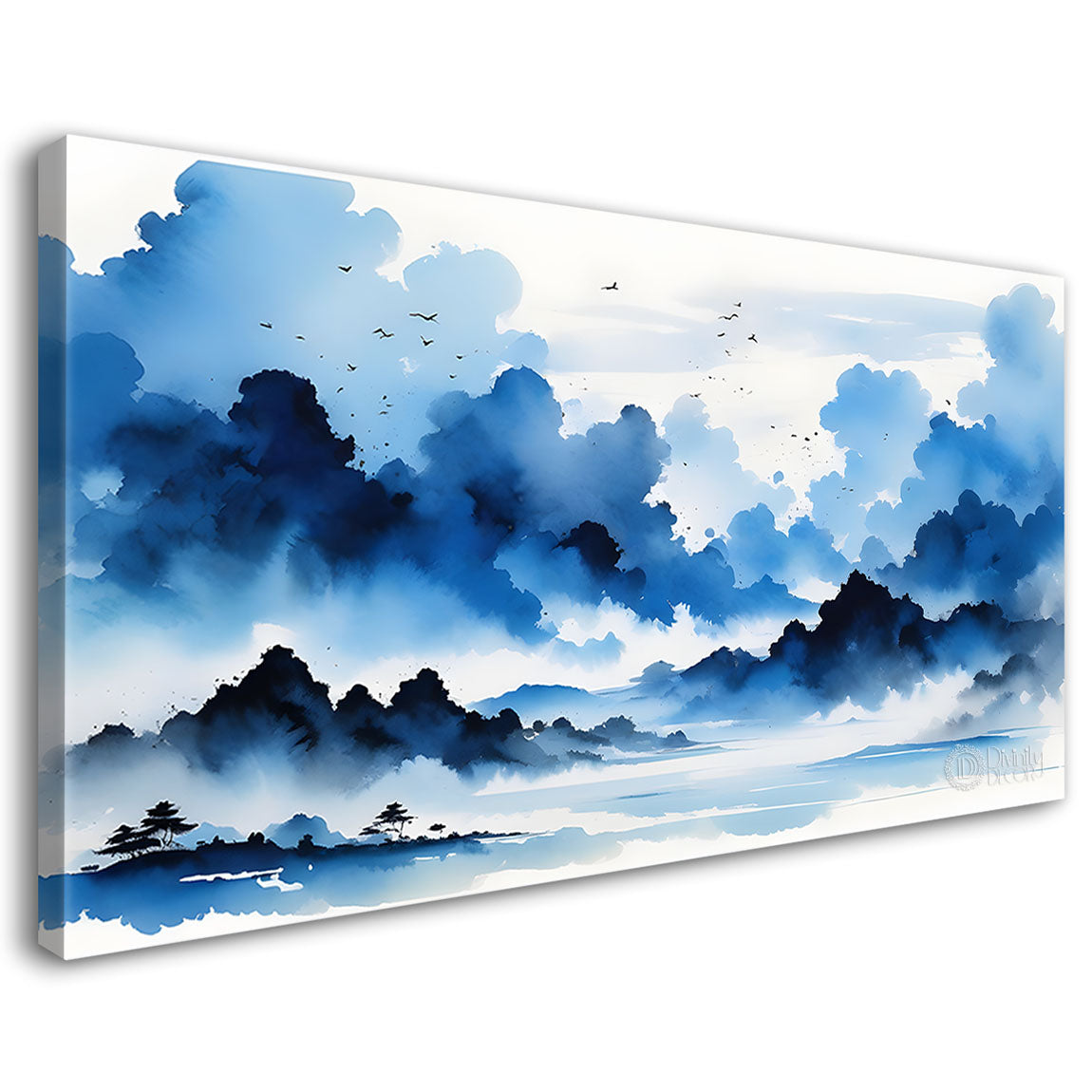 Mountains with river and clouds textured water color art Canvas Painting - Nature Art -152