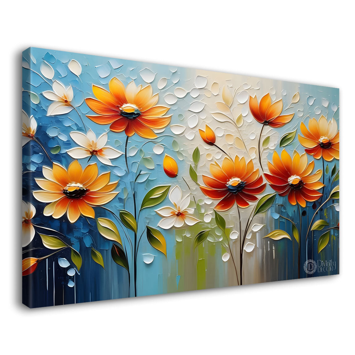 Orange flowers with blue background painting- Design - Flower-152