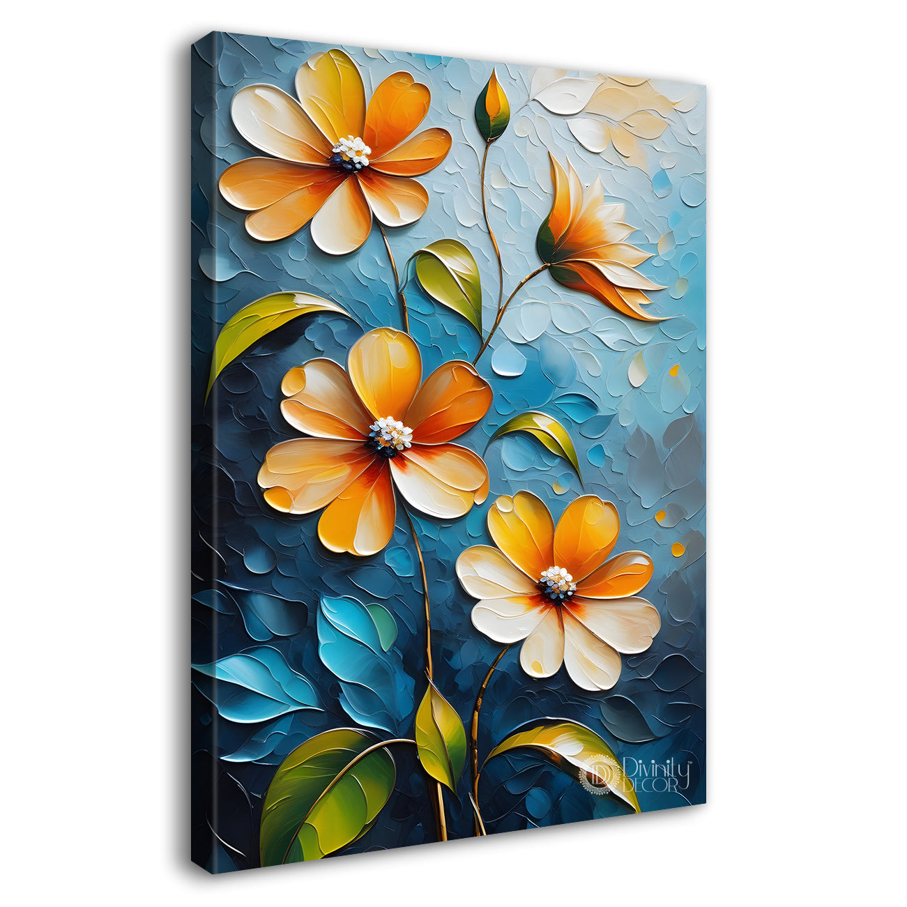 Yellow flowers in sky blue textured background painting- Flower-V-152