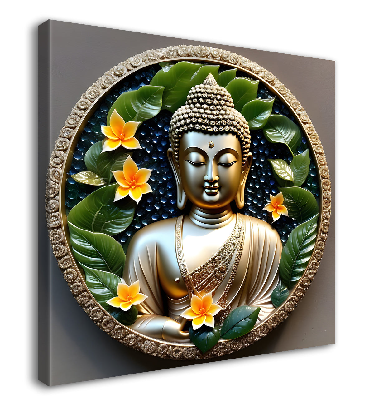 Lord Buddha with leaf and flower Rasin art marble finish Golden painting 24x24 inch Buddha-S-152