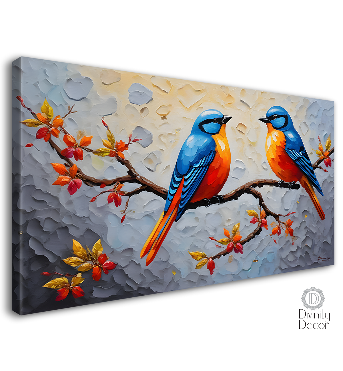 Two birds on the branch in grey background textured art. - Design - Animal - 152