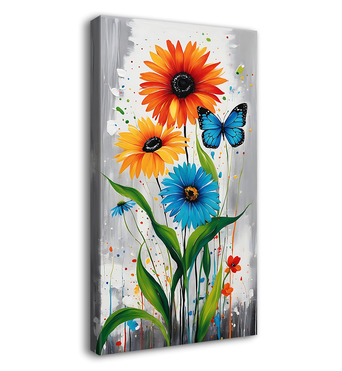Colourful flowers with butterfly in textured painting Canvas Painting - Nature Art -V-152