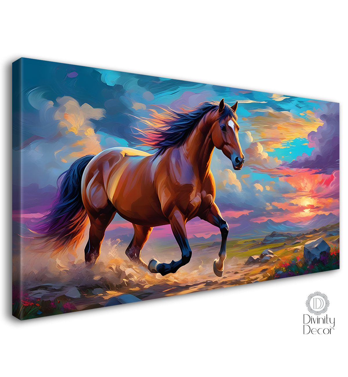 Brown horse running in the field with cloudy and colorful textured background art Canvas Painting - Design - Horse-153