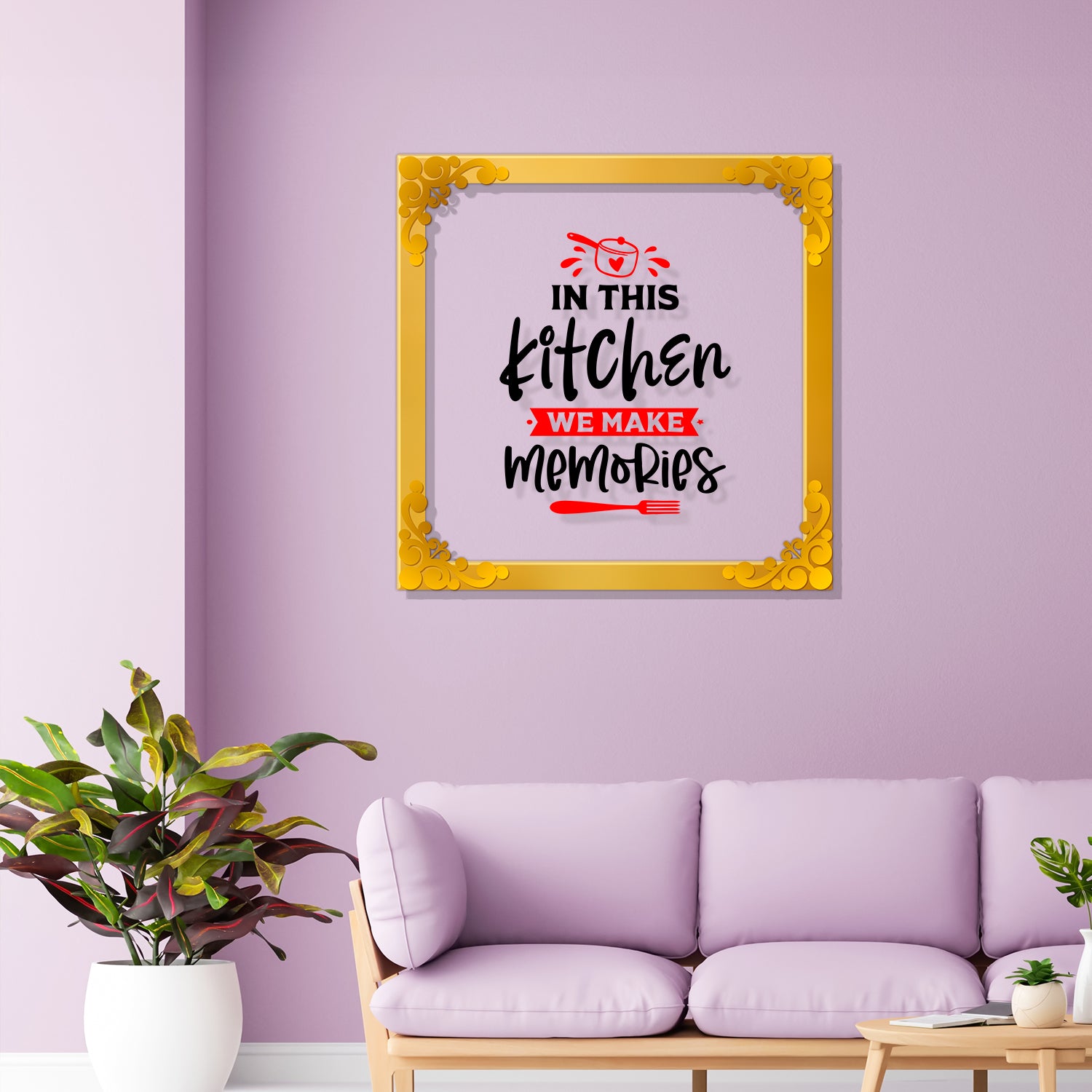 In this kitchen we make memories Golden Plaque for Gifting, Wall Decor Clear UV print with Golden Border-153