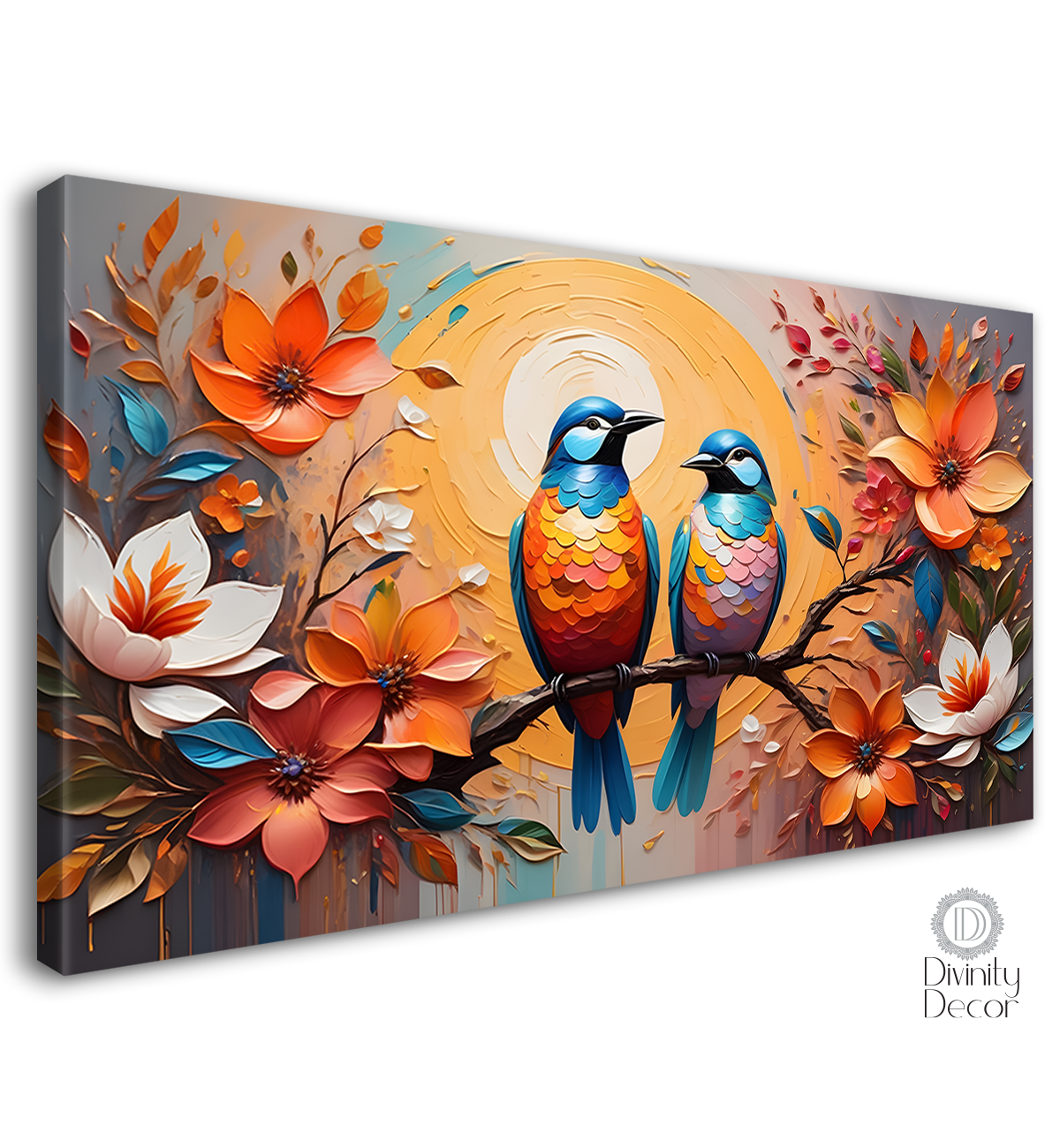 Two birds on the branch with colorful flowers in sunrise background textured art. - Design - Animal - 153