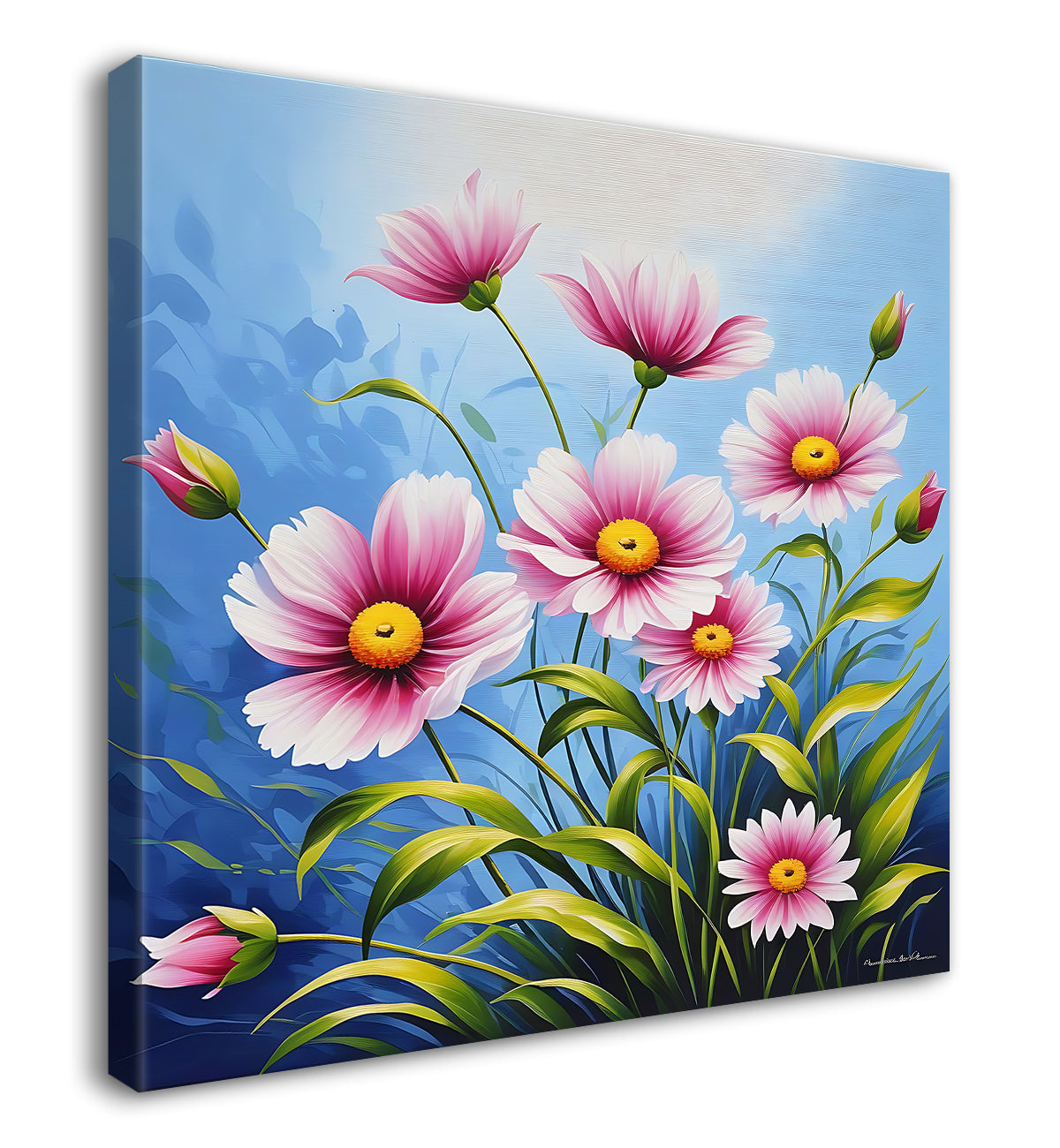 Pink flowers in blue background textured painting - Flower-S-153