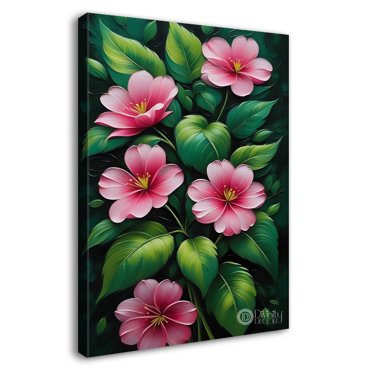 Pink flowers in green textured background painting- Flower-V-153