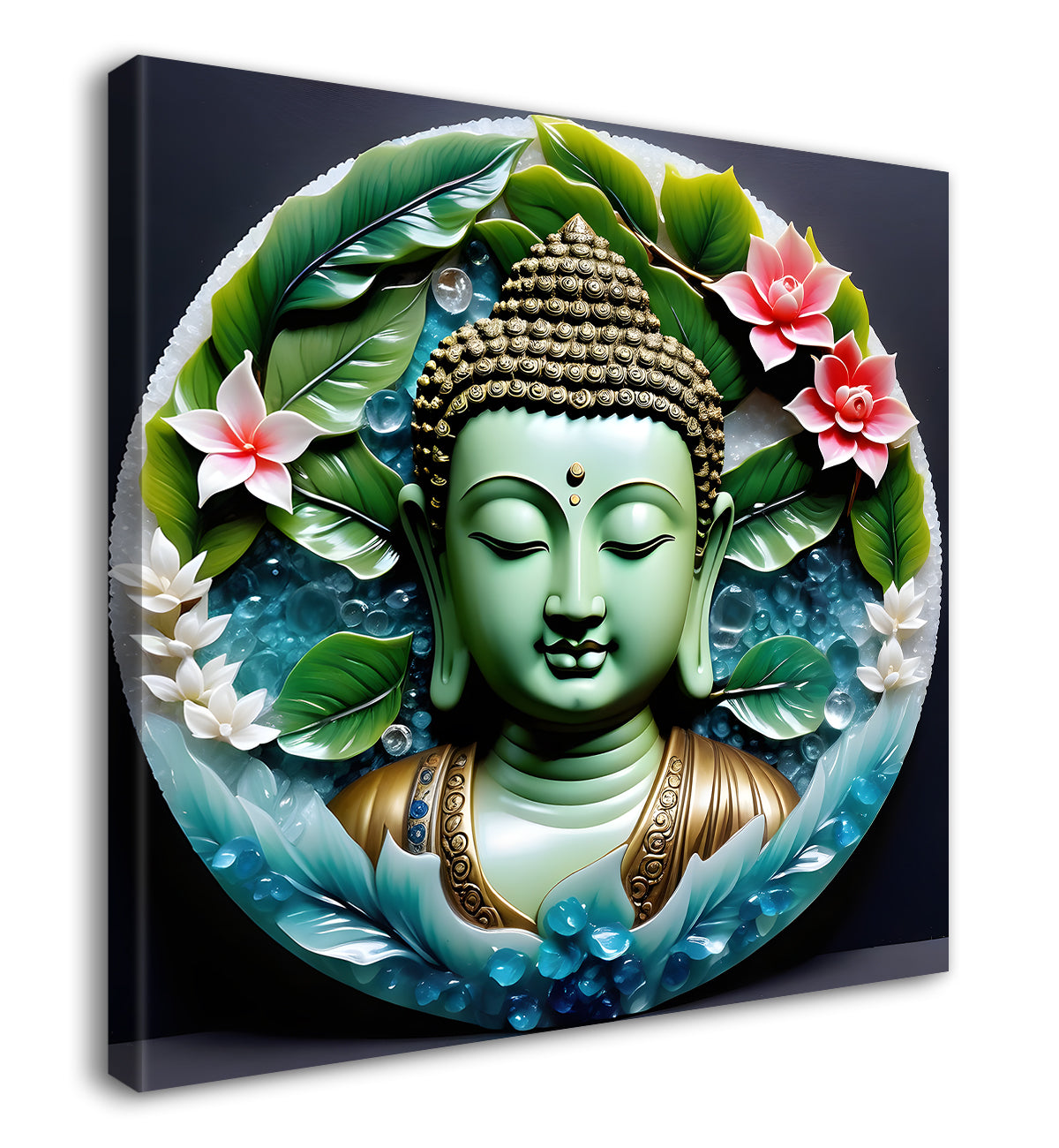 Lord Buddha with leaf and flower Rasin art marble finish Golden painting 24x24 inch Buddha-S-153
