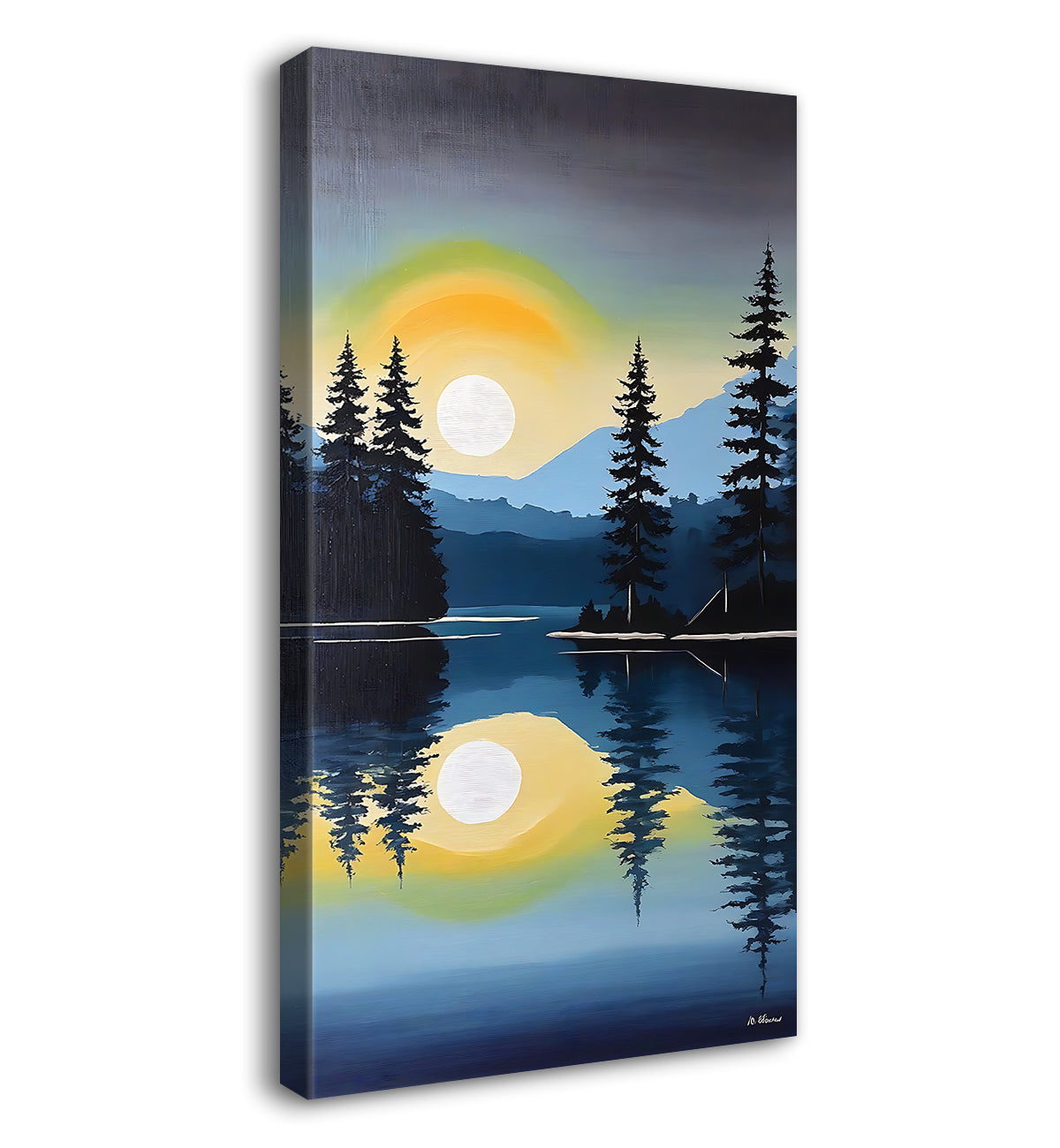 Mountains with lake and sunset textured water colour painting Canvas Painting - Nature Art -V-153