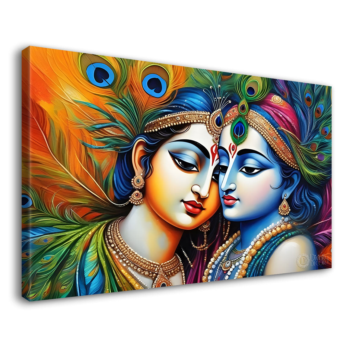 Blue face of Krishna and Radha with yellow and peacock feather background painting Canvas Painting - Design - Krishna-153