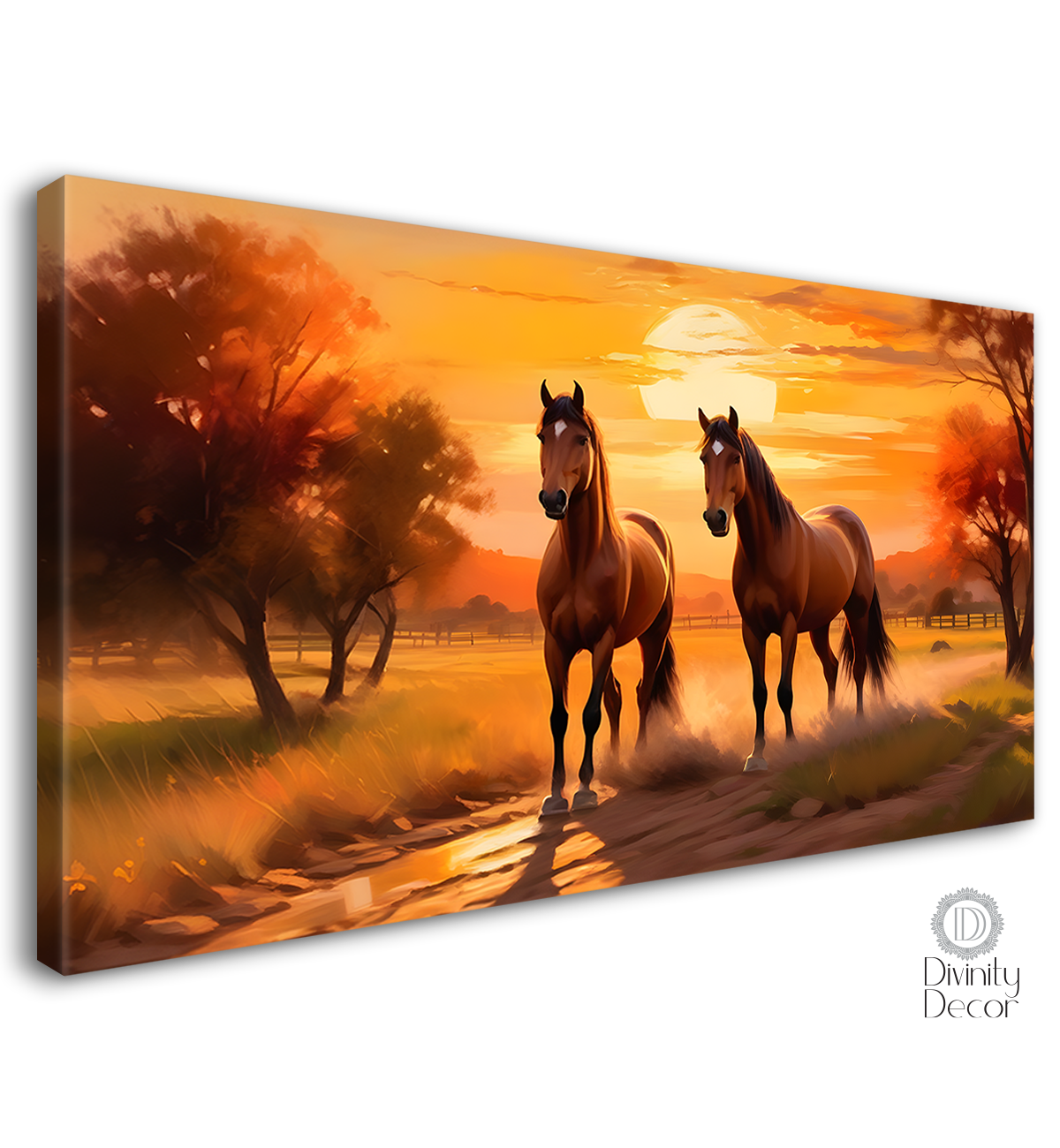 Two brown horses in the field with sunset textured background art Canvas Painting - Design - Horse-154