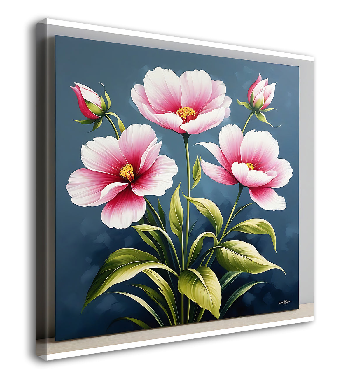 Pink flowers in grey background textured painting - Flower-S-154