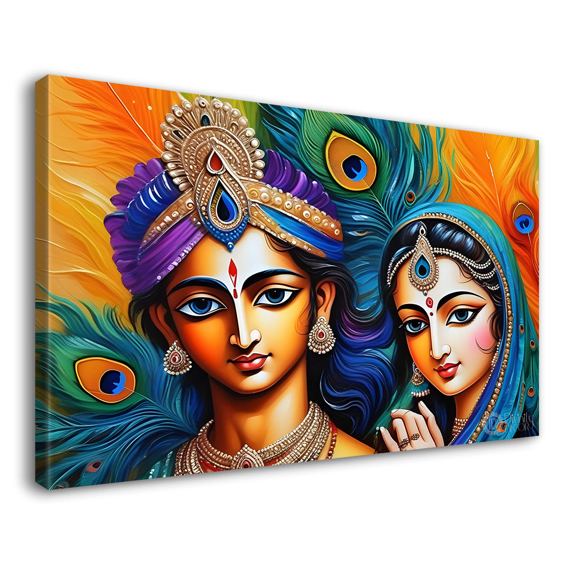 Krishna and Radha with yellow and peacock feather background painting Canvas Painting - Design - Krishna-154