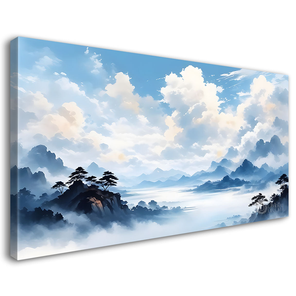 Mountains with river and clouds textured water color art Canvas Painting - Nature Art -154