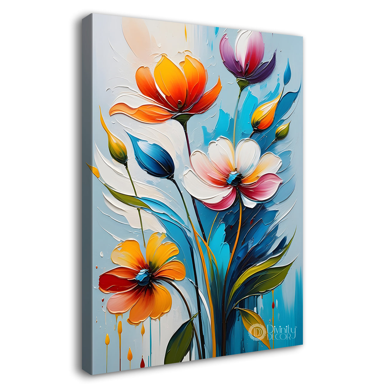Orange flowers in sky blue textured background painting- Flower-V-154