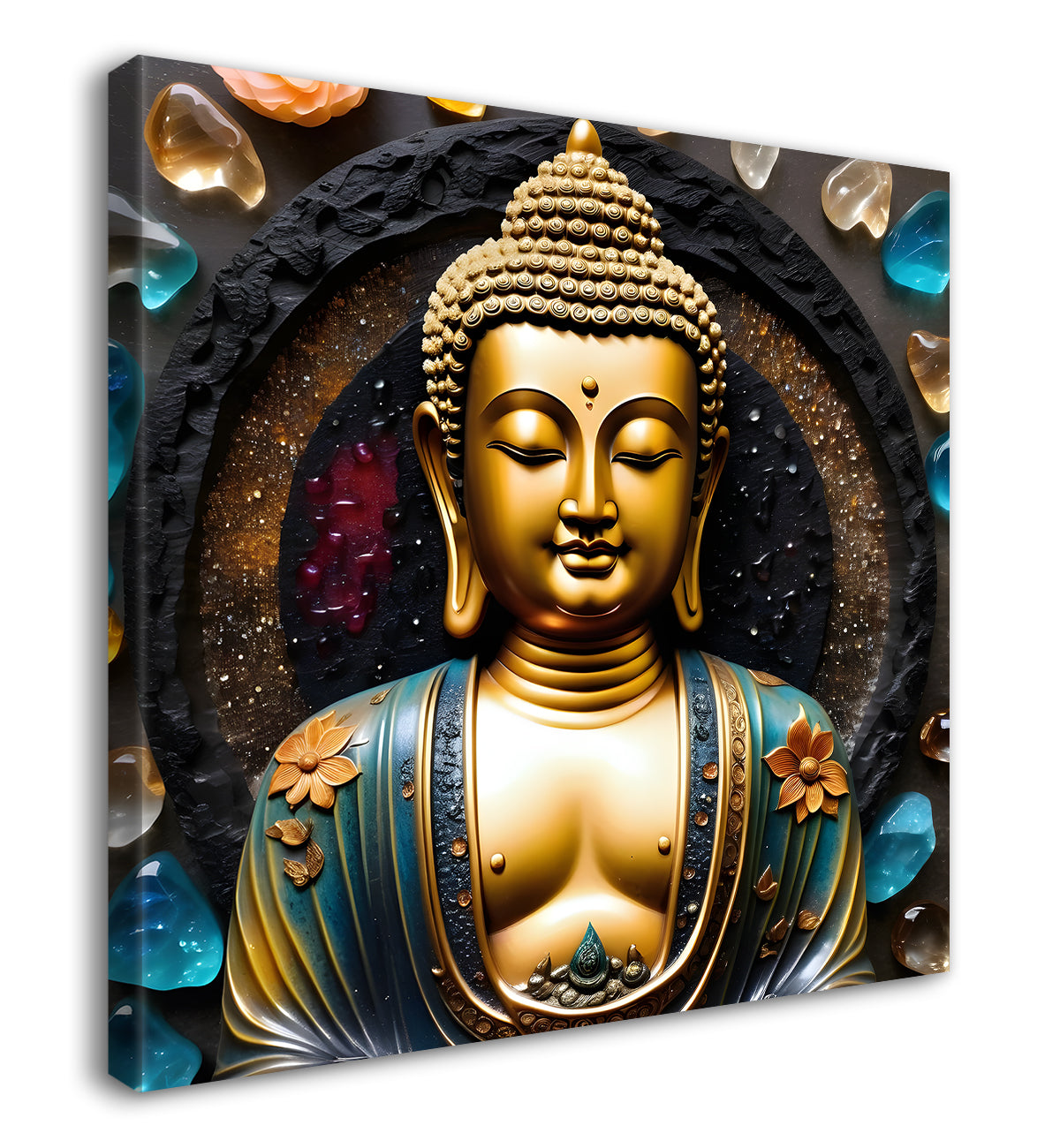 Lord Buddha with leaf and flower Rasin art marble finish Golden painting 24x24 inch Buddha-S-154