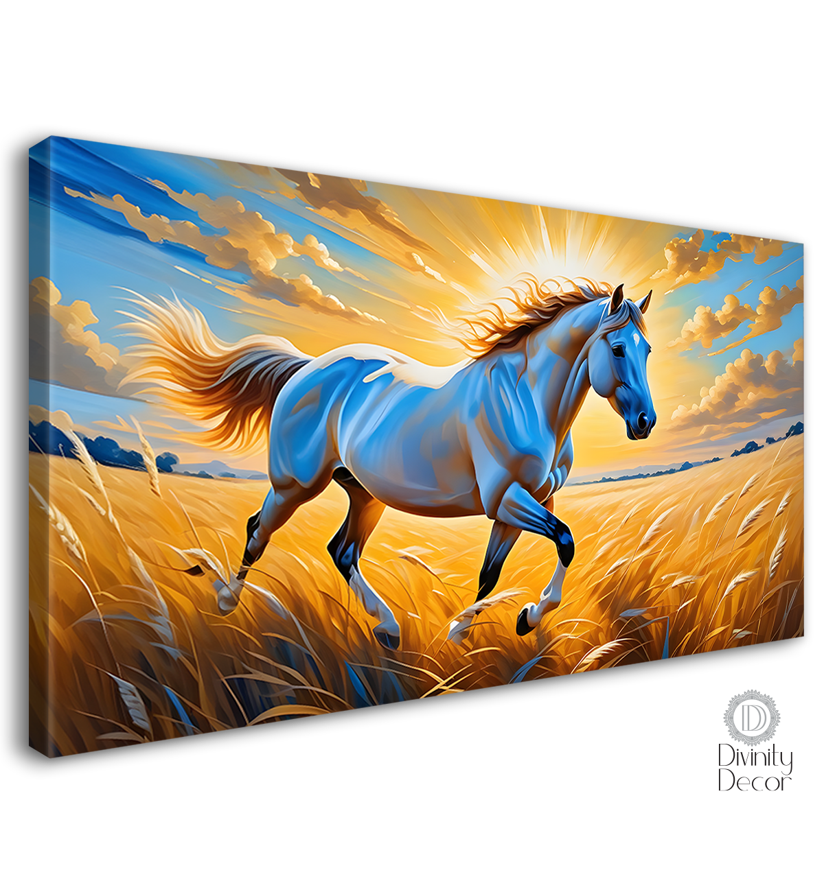 White horse running in the field with cloudy and sunrise textured background art Canvas Painting - Design - Horse-155