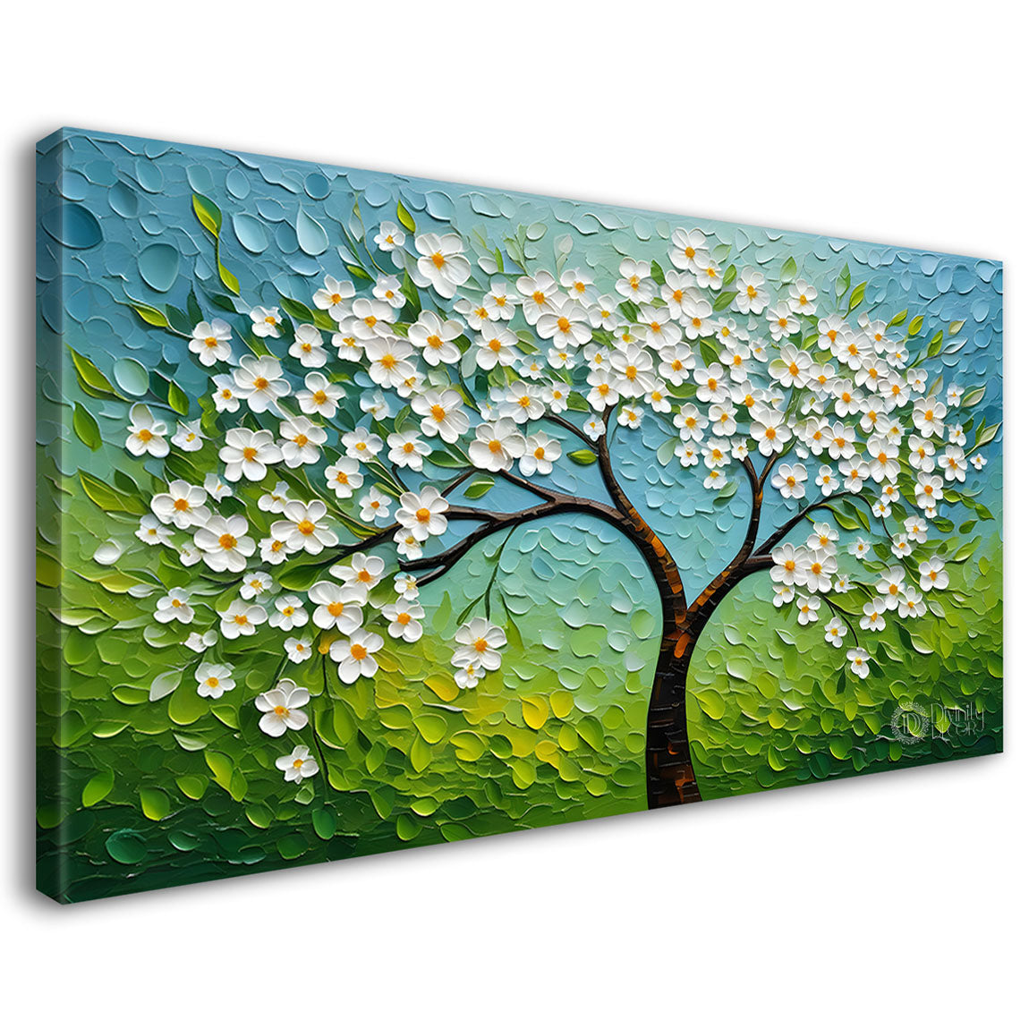 White flower tree in textured background oil painting- Design - Tree-155