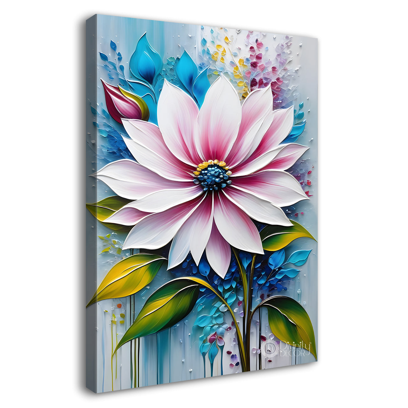 Pink flower in sky blue textured painting- Flower-V-155