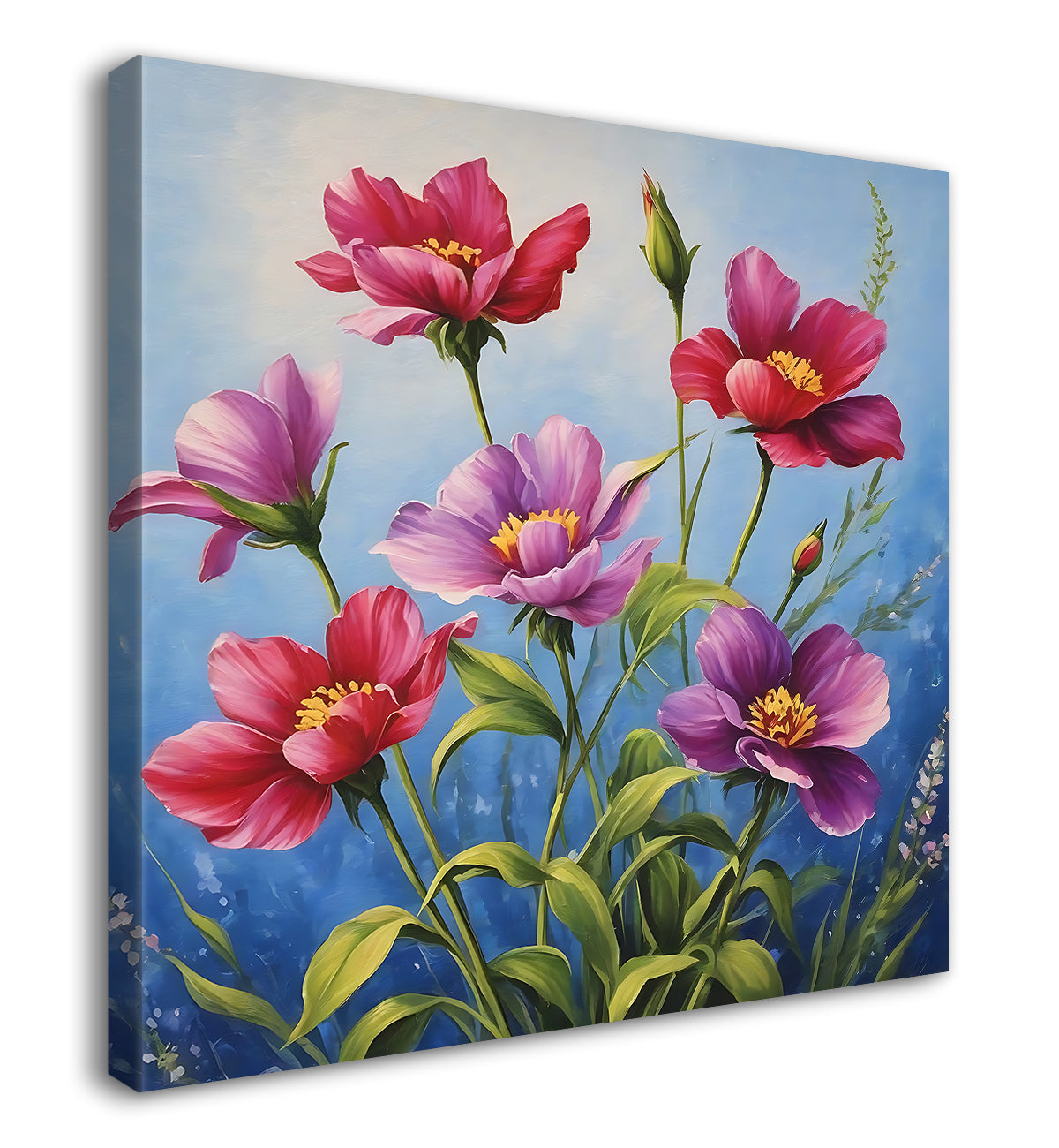Pink flowers in blue background textured painting - Flower-S-155