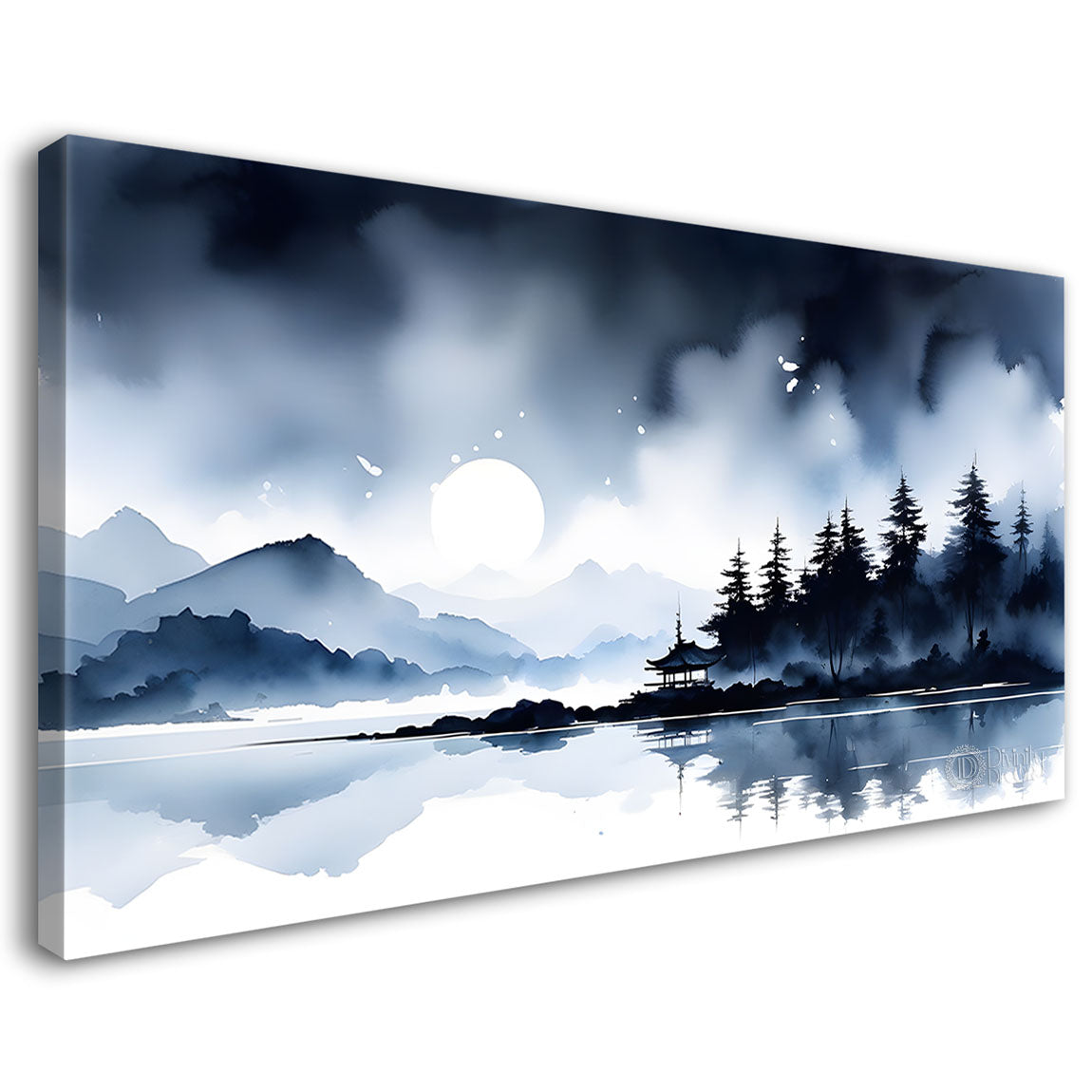 Mountains with river and clouds textured water color art Canvas Painting - Nature Art -155