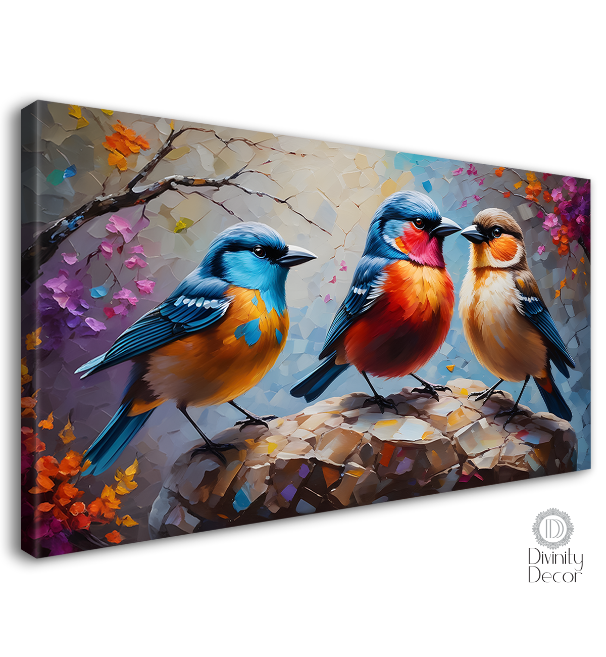 Three birds on the rock with colorful textured background art. - Design - Animal - 155