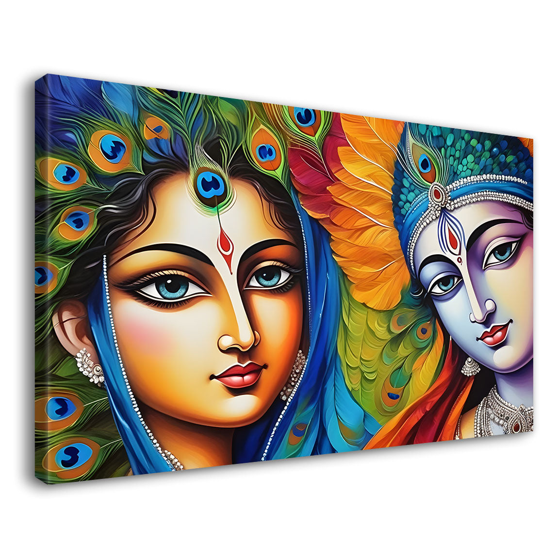 Blue face of Krishna and Radha with yellow and peacock feather background painting Canvas Painting - Design - Krishna-155