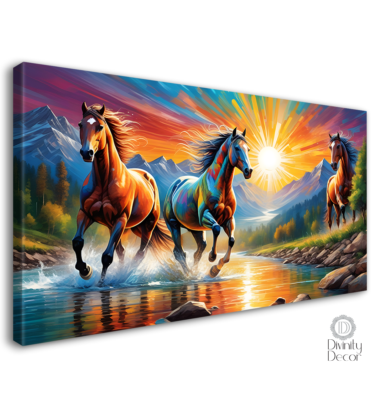 Tree brown horses running with mountains and sunrise textured background art Canvas Painting - Design - Horse-156