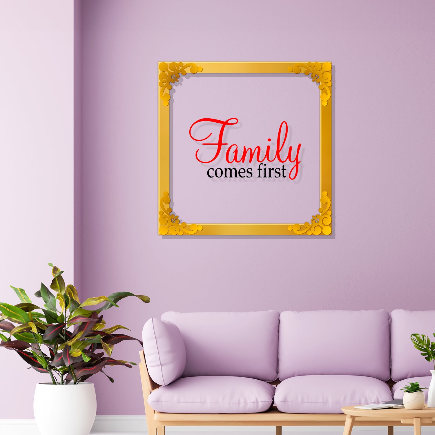 Family comes first Golden Plaque for Gifting, Wall Decor Clear UV print with Golden Border-156