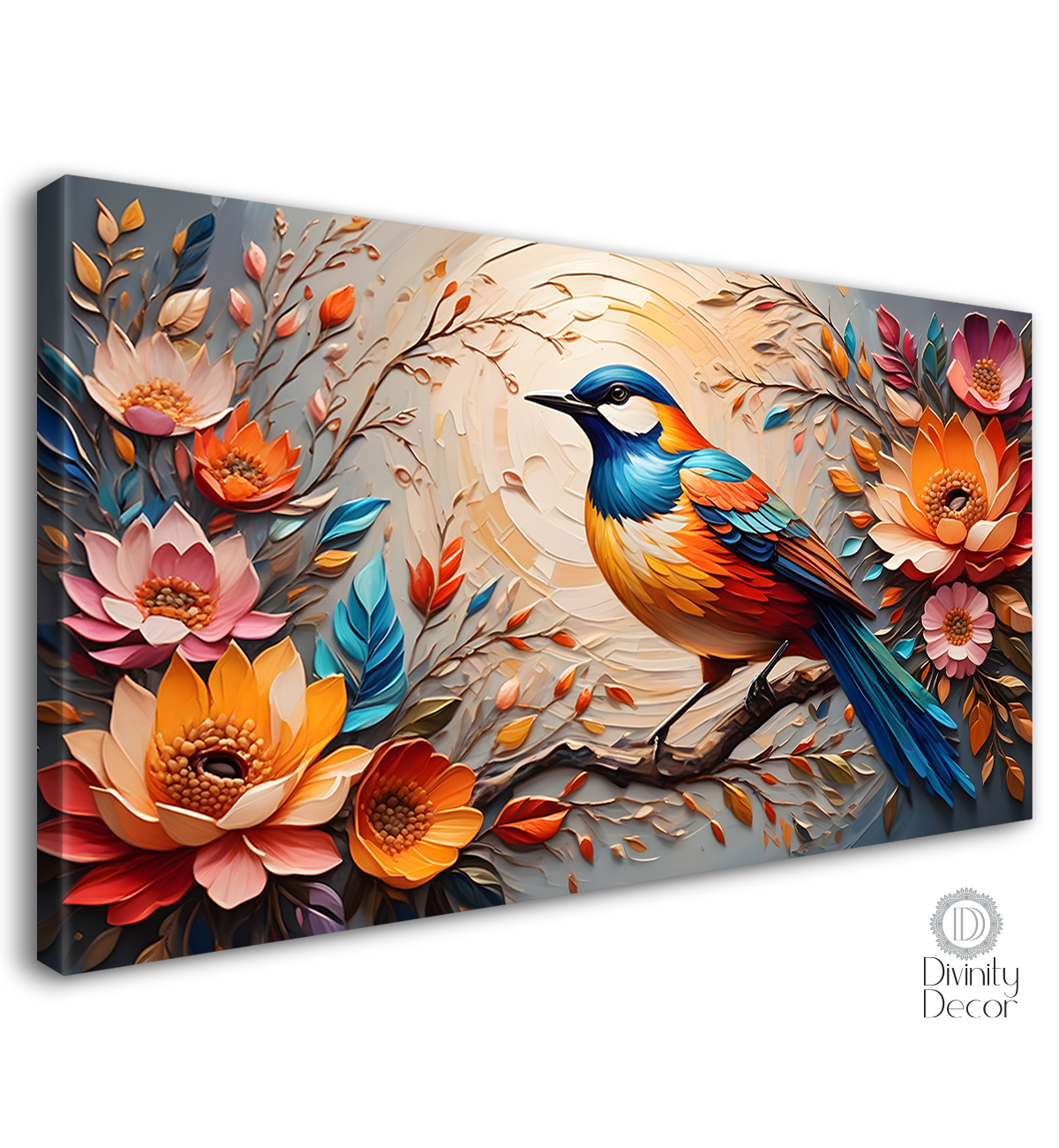 Bird on the branch with colorful flowers in light background art - Design - Animal - 156