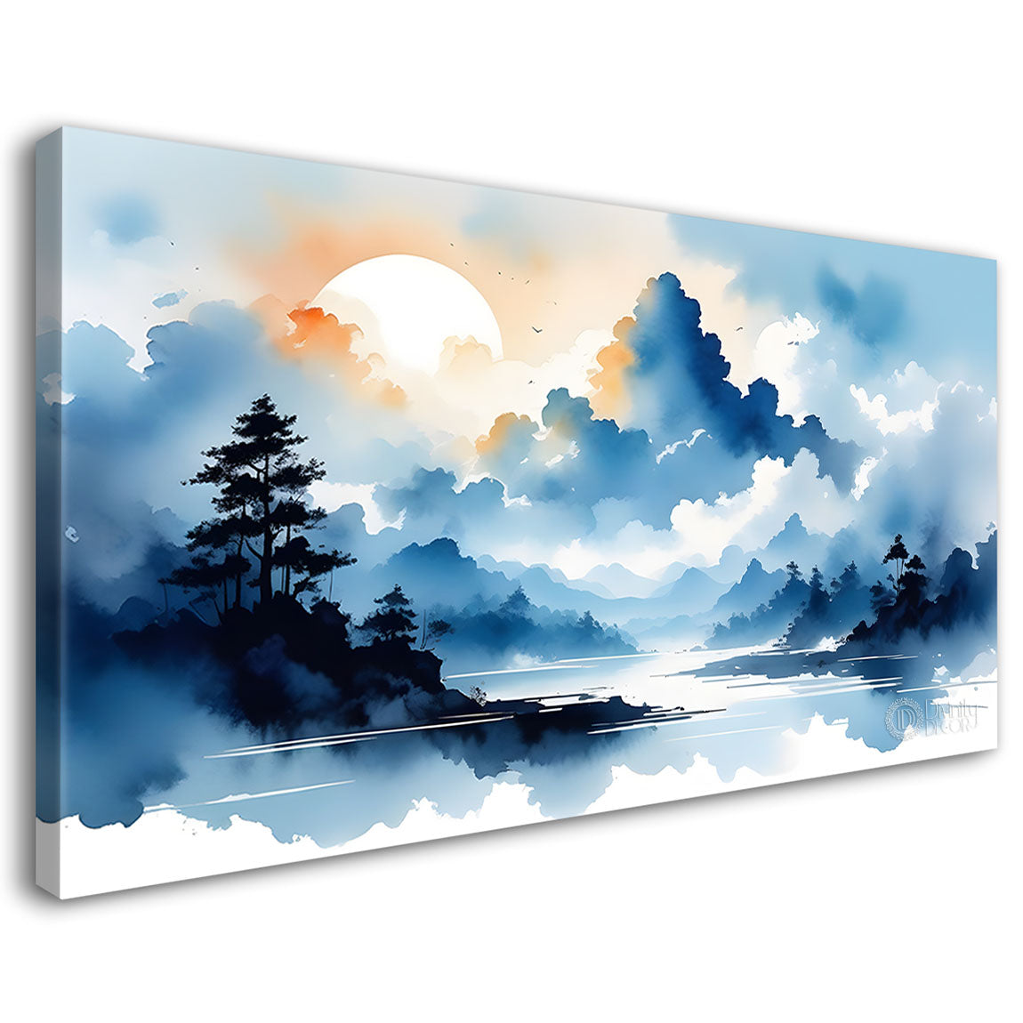Mountains with river and clouds textured water color art Canvas Painting - Nature Art -156