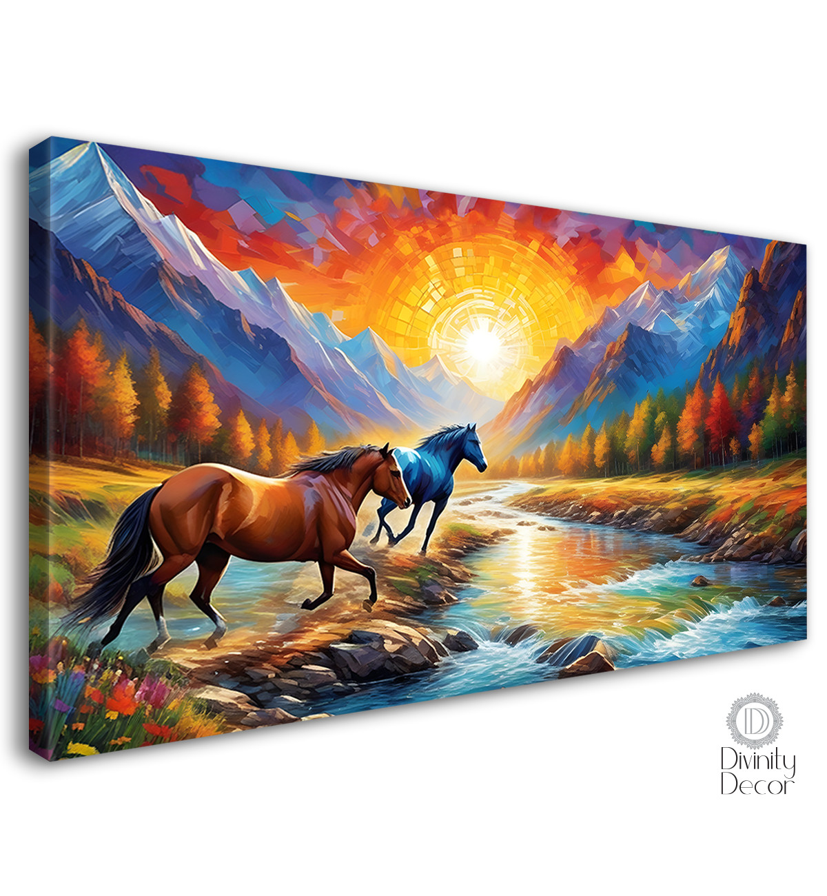 Two brown horses running with mountains and lake in sunrise textured background art Canvas Painting - Design - Horse-157