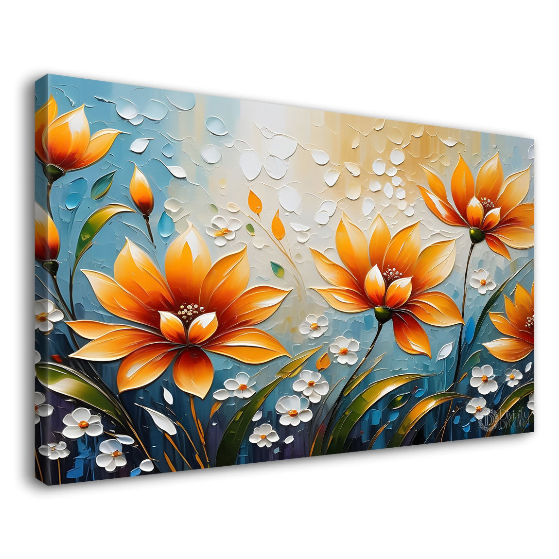 Orange flowers with blue background painting- Design - Flower-157