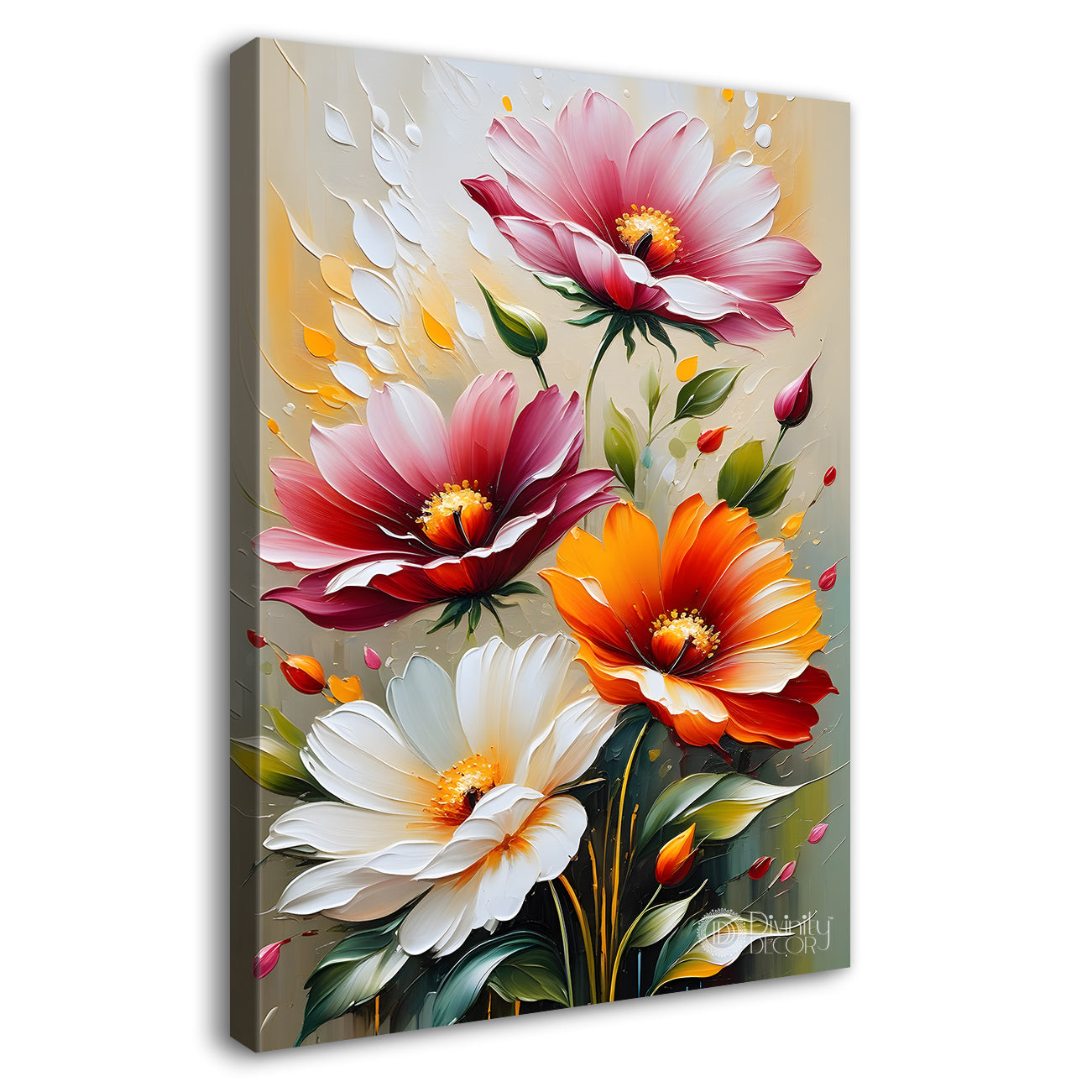 Colourful flowers in light brown textured painting- Flower-V-157