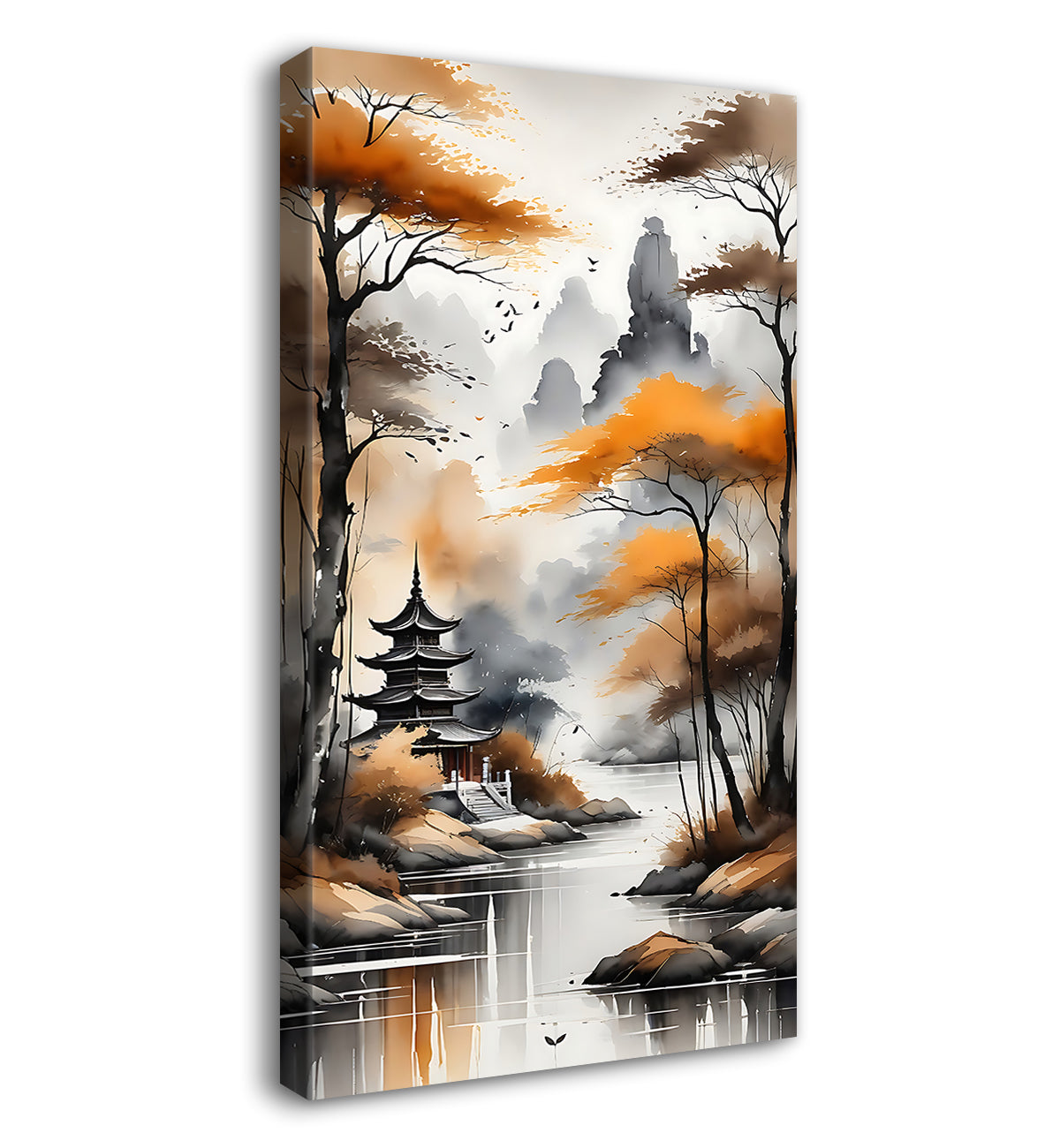 Golden trees with lake textured painting Canvas Painting - Nature Art -V-157
