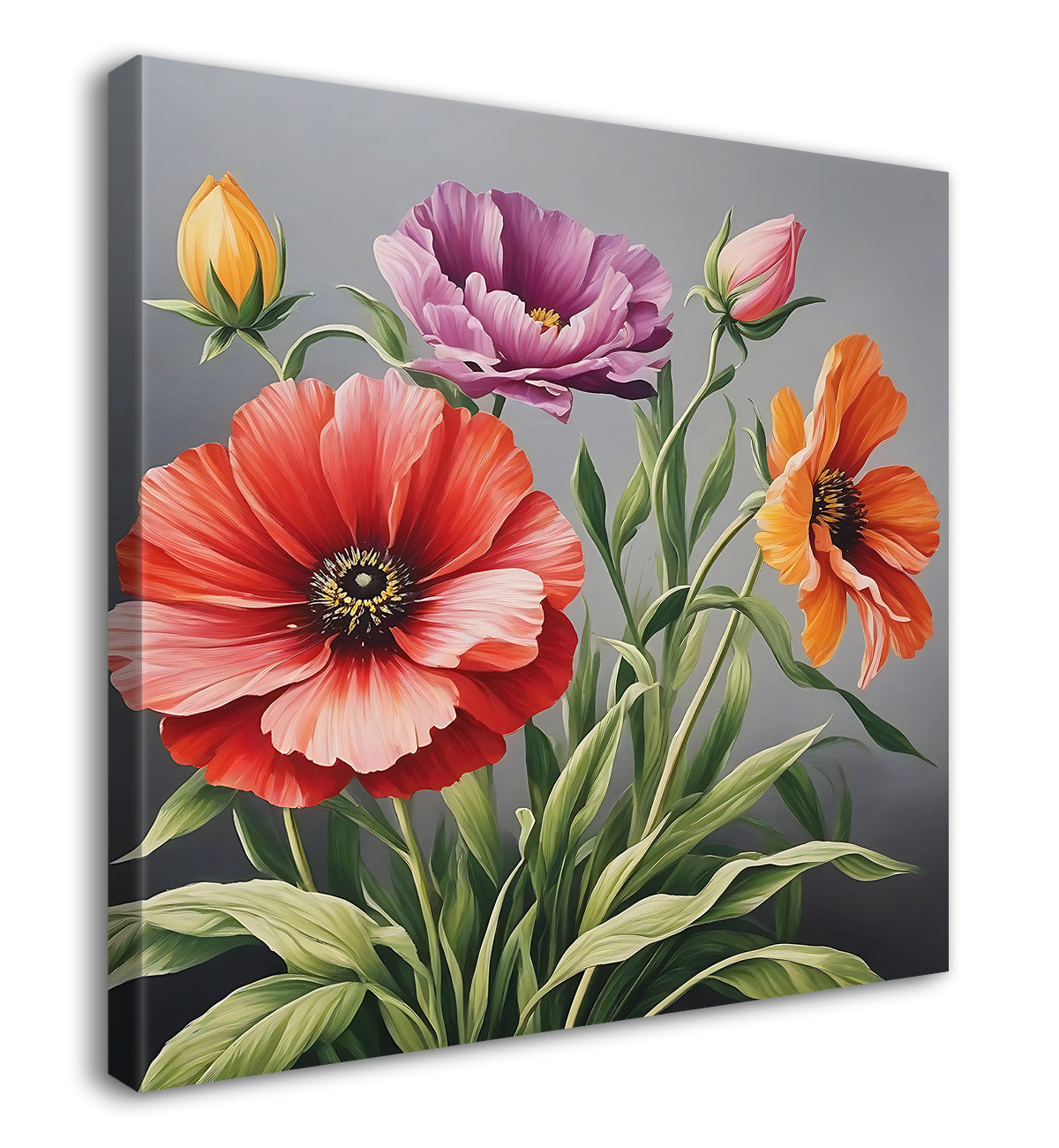 Orange and purple flowers in grey textured painting - Flower-S-157