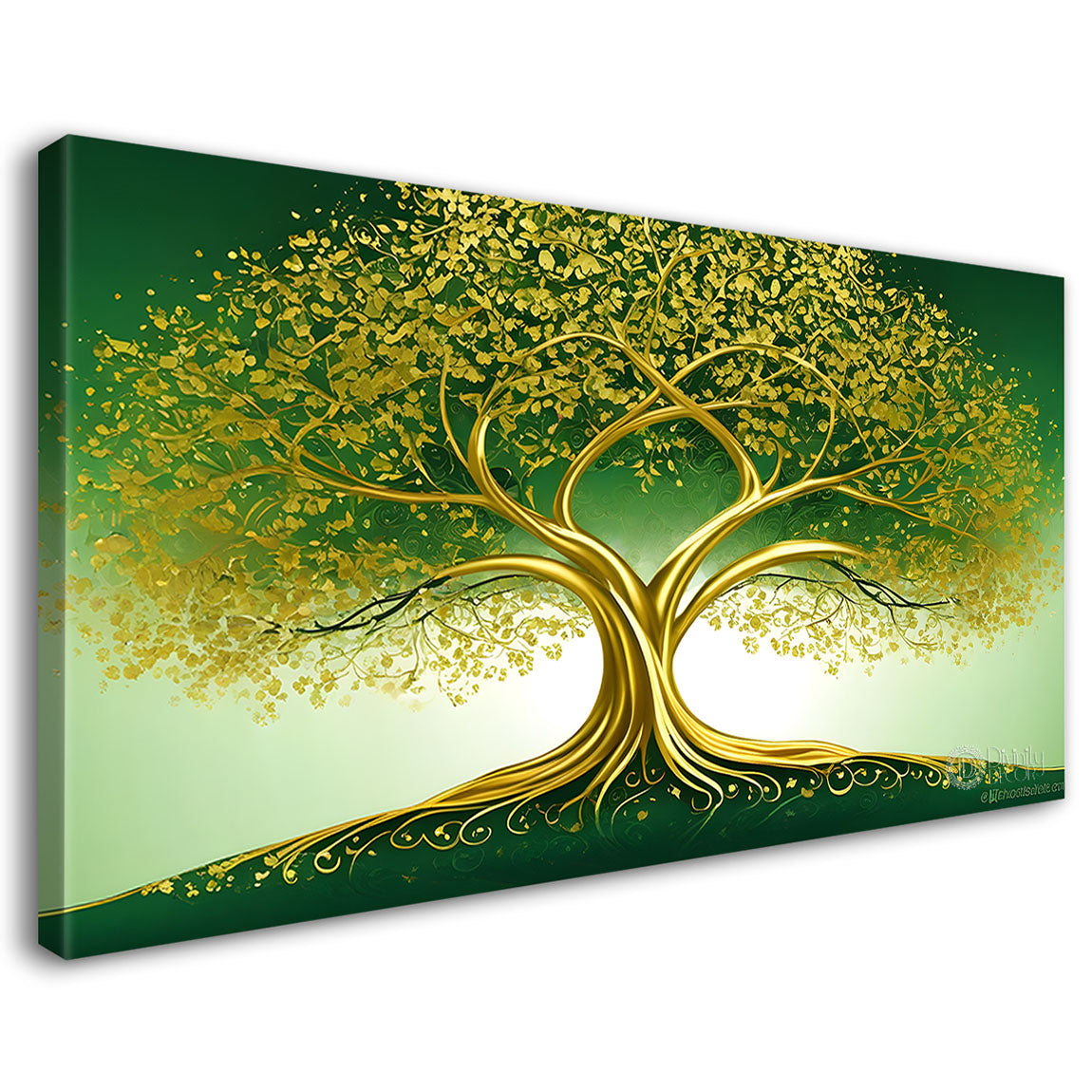 Golden tree in dark green textured background modern art- Design - Tree-157