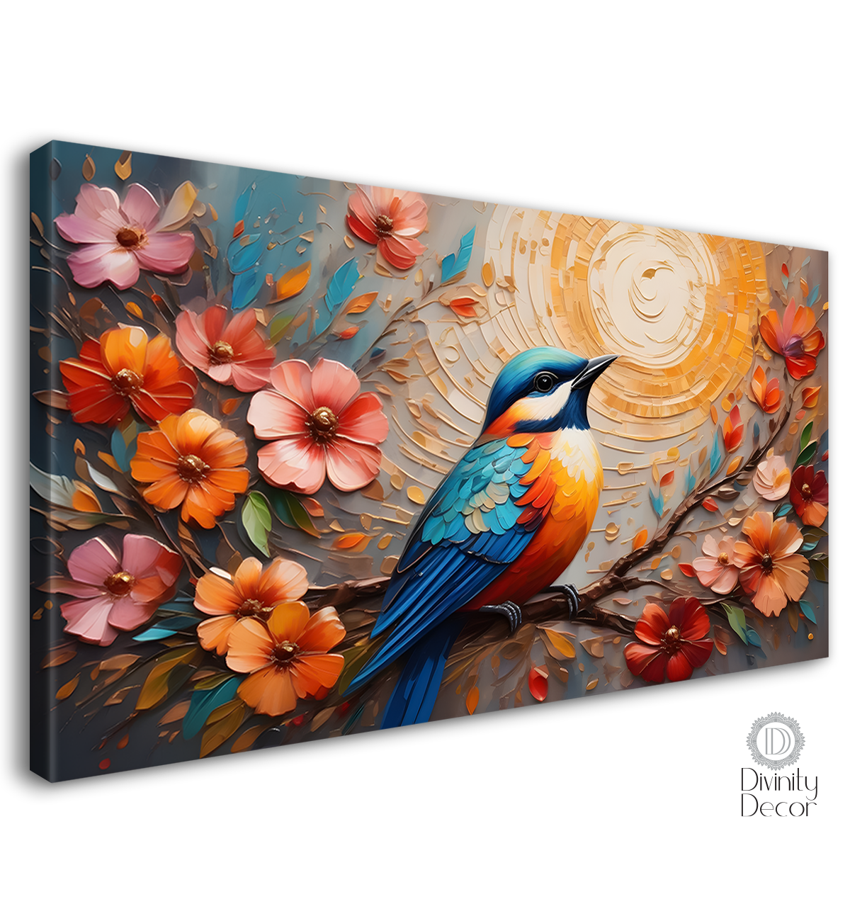 Bird on the branch with colorful flowers in light background art - Design - Animal - 157