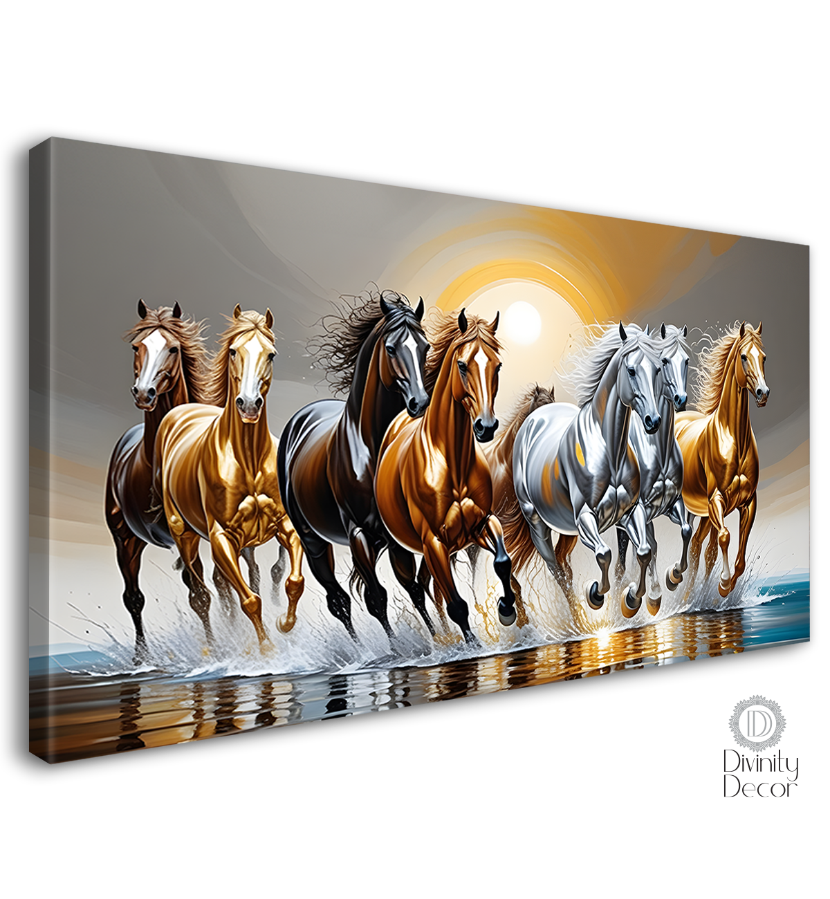 Silver and golden horses running on the water with grey textured background art Canvas Painting - Design - Horse-158