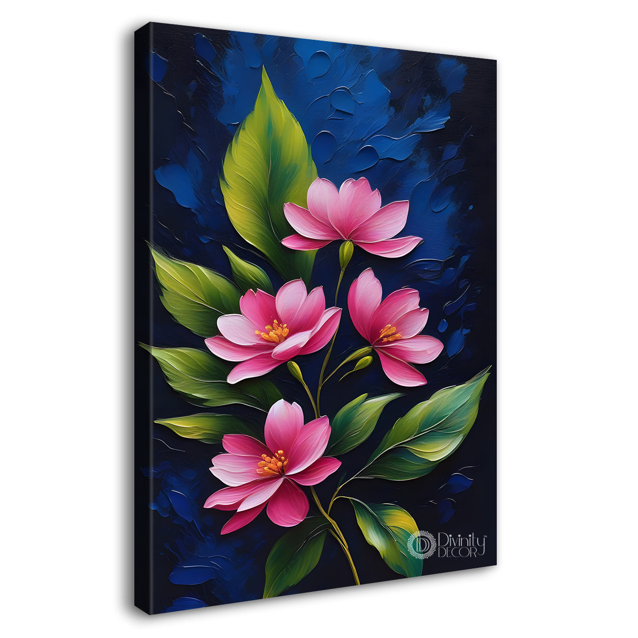 Pink flowers in navy blue textured background painting- Flower-V-158