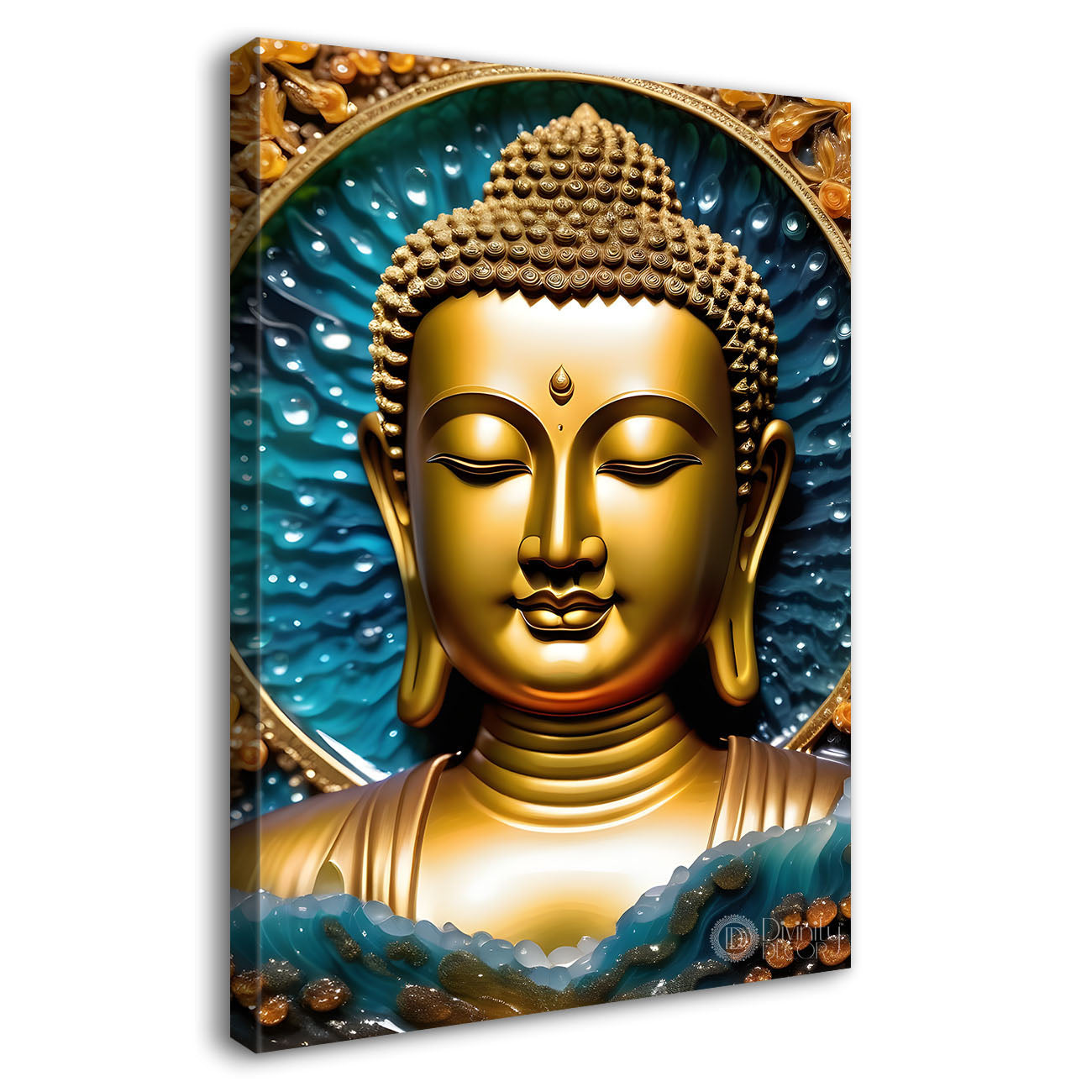 Golden buddha with blue texturd painting - Buddha-V-158