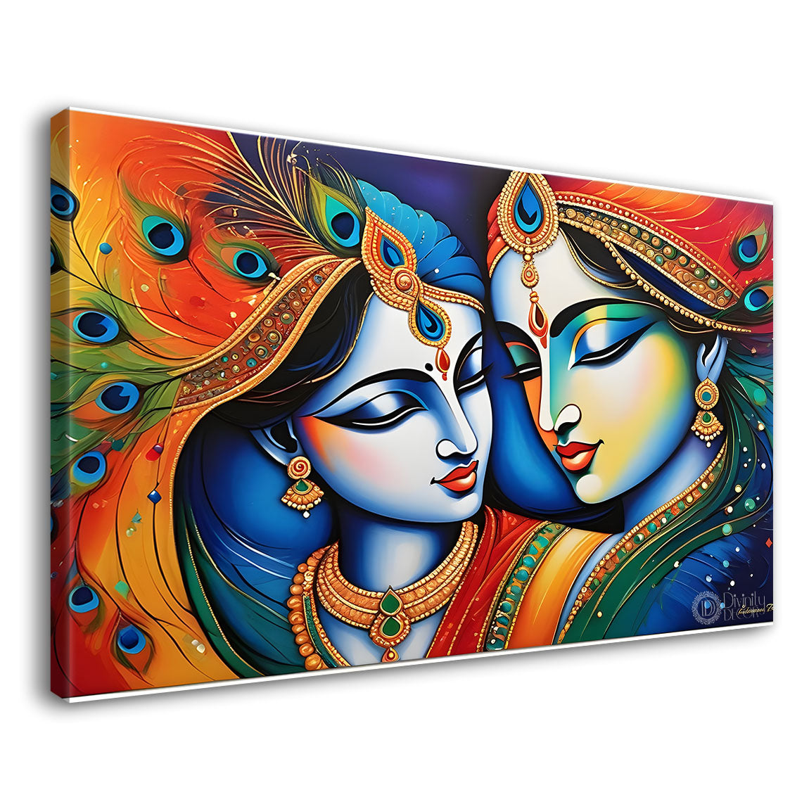 Blue face of Krishna and Radha with orange and peacock feather background painting Canvas Painting - Design - Krishna-158