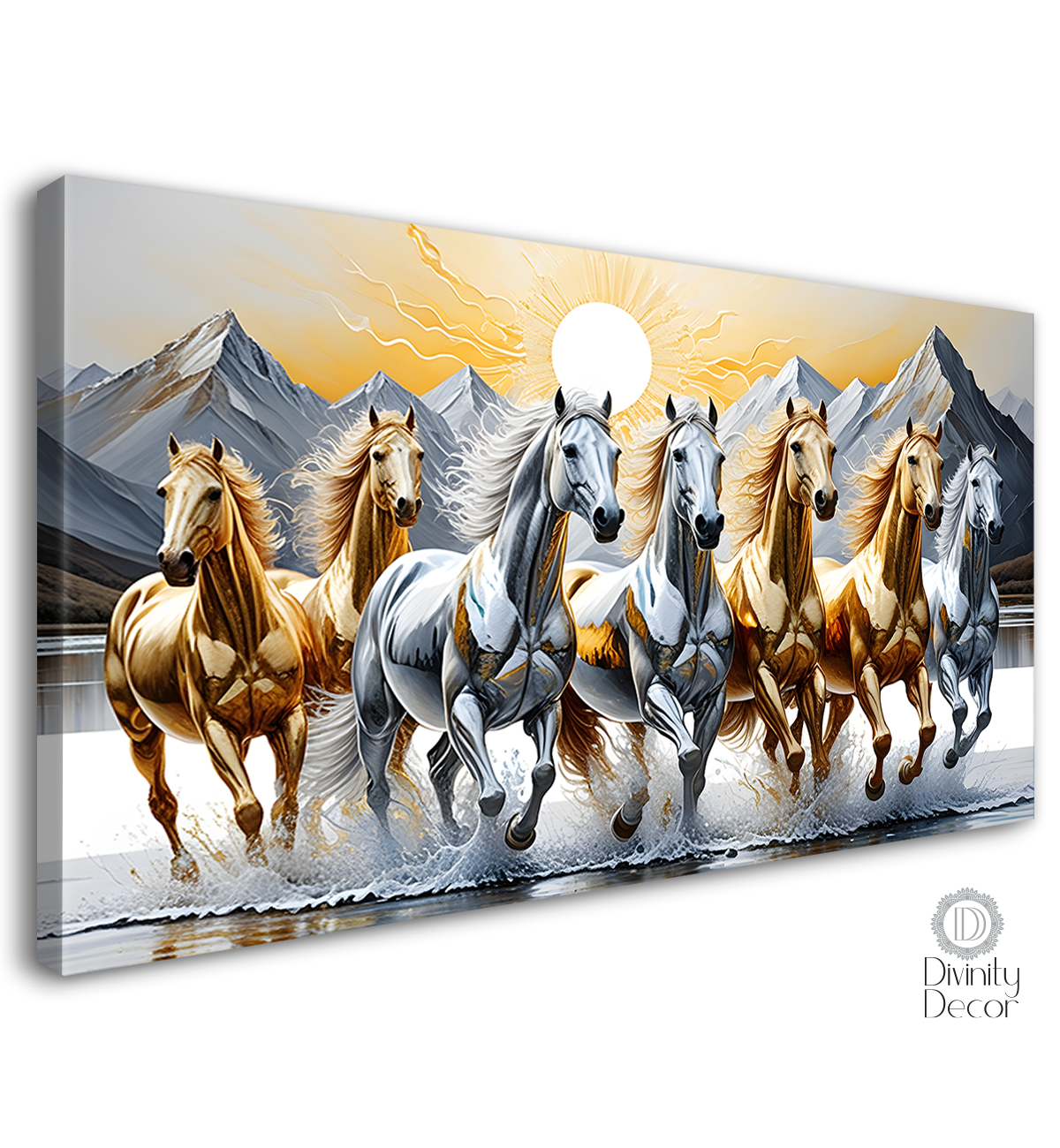 Silver and golden horses running on the water with mountains and sun in grey textured background art Canvas Painting - Design - Horse-159