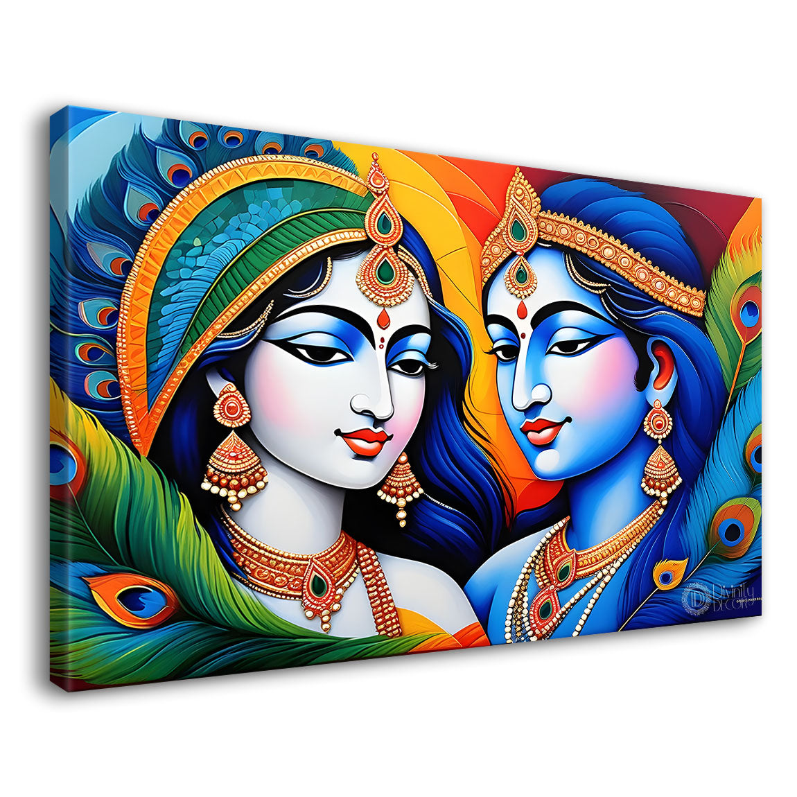Blue face of Krishna and Radha with orange and peacock feather background painting Canvas Painting - Design - Krishna-159