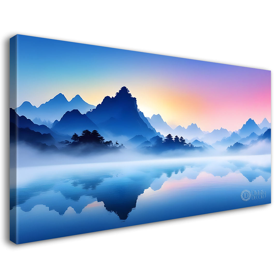 Mountains with river and clouds textured water color art Canvas Painting - Nature Art -159