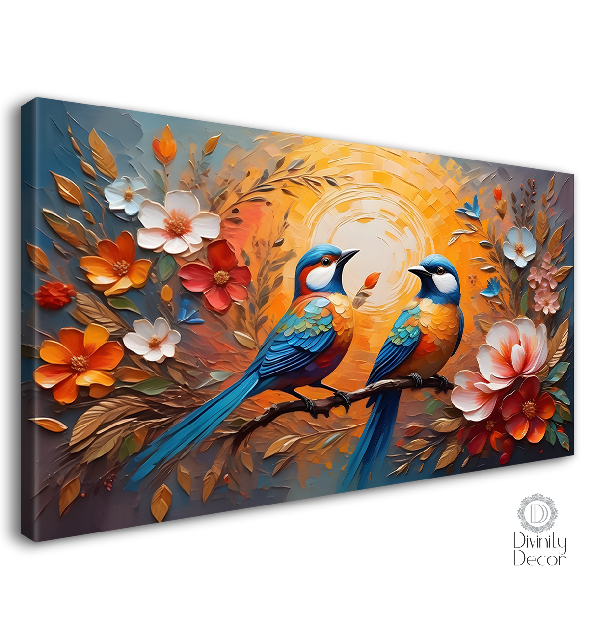 Birds on the branch with colorful flowers in light background art - Design - Animal - 159