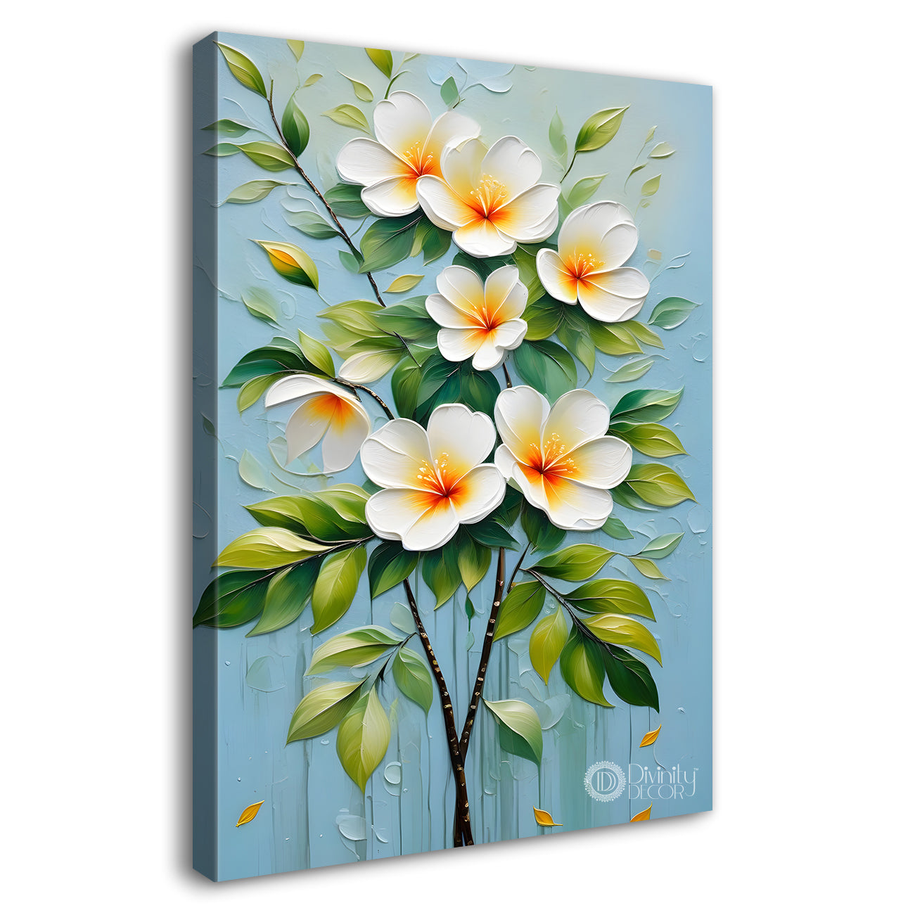 White flowers in blue textured background painting- Flower-V-159