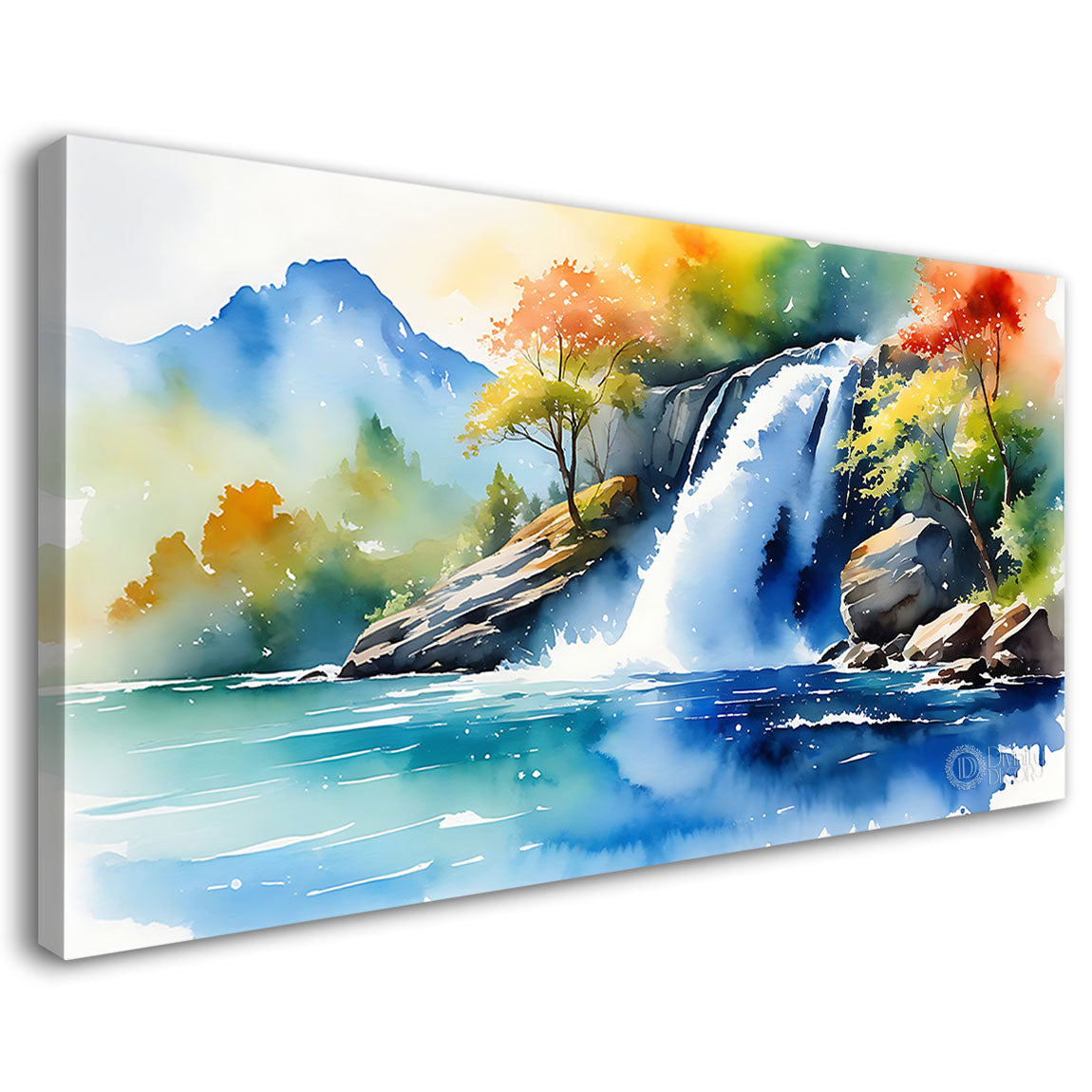 Waterfall with greenery and mountains in textured water color painting Canvas Painting - Nature Art -15