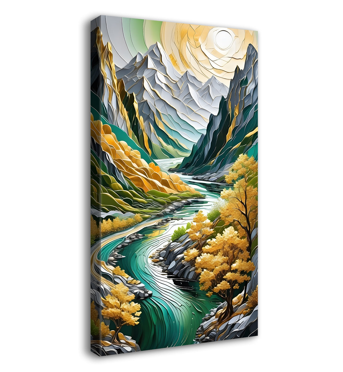 Green mountains with golden treesand white moon textured natural art Canvas Painting - Nature Art -V-15